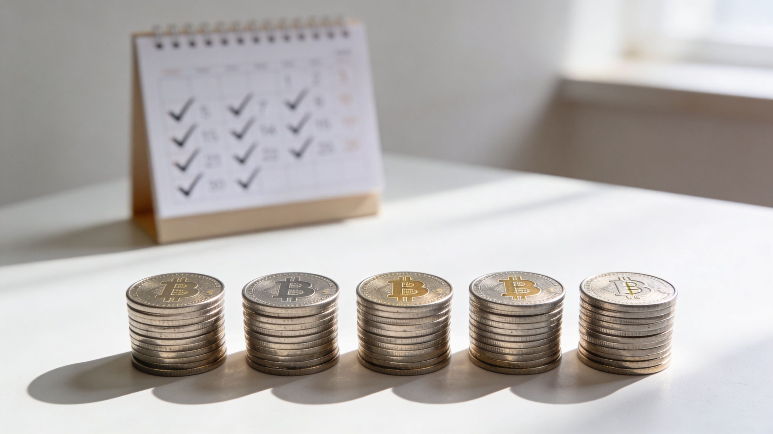 Stacks of Bitcoin coins arranged in a row with a blurred calendar in the background.