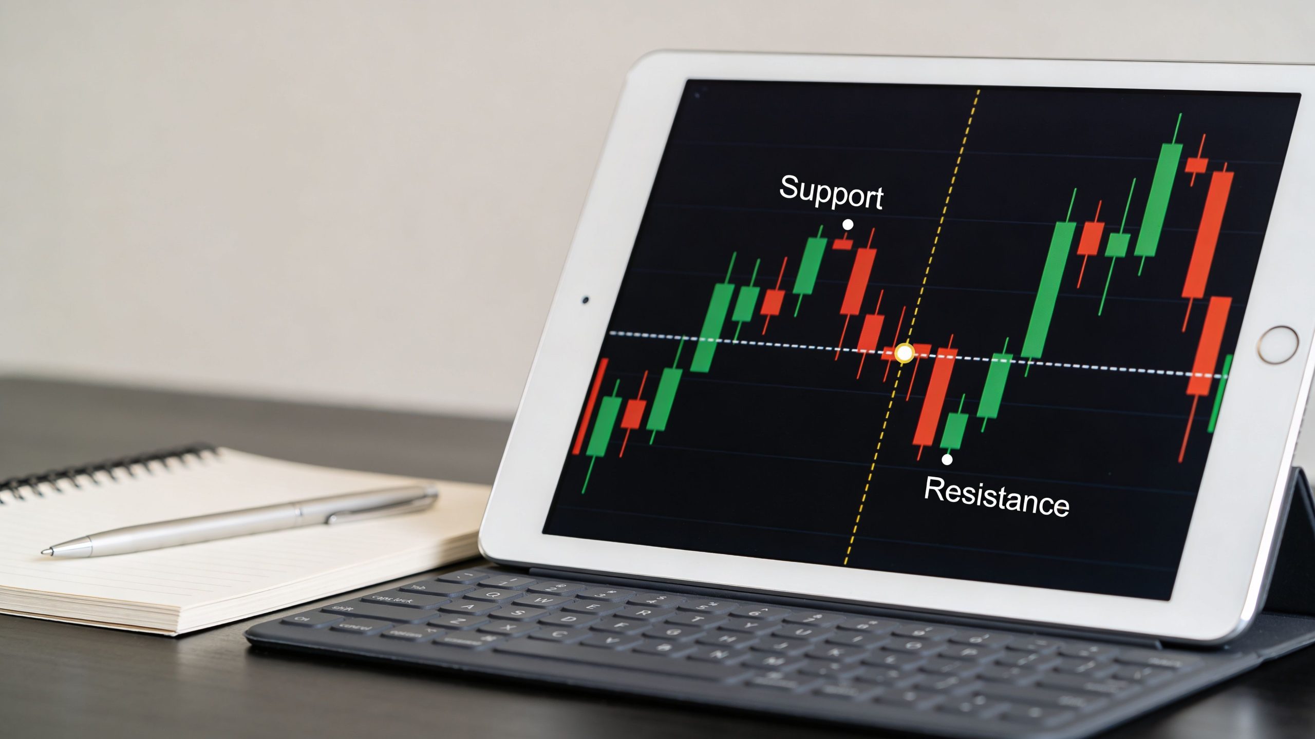 A tablet on a desk displays a stock trading chart with Support and Resistance levels highlighted.