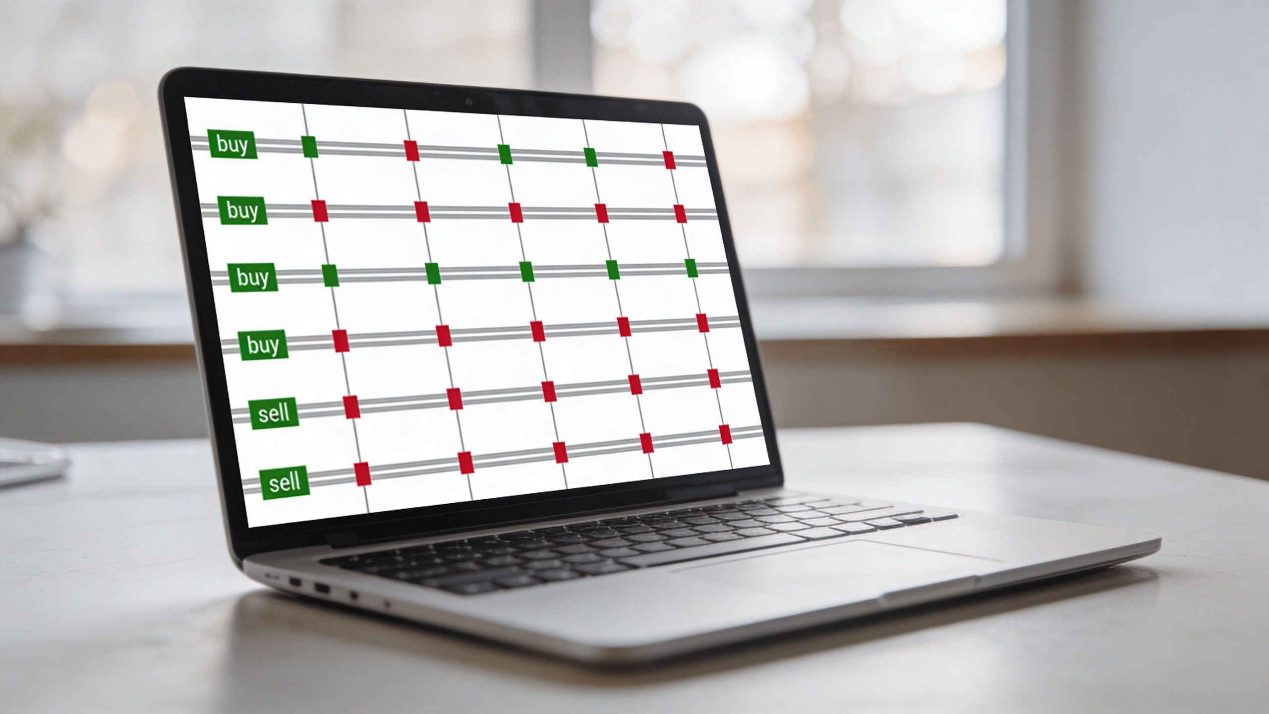 A laptop screen displaying a grid chart with various buy and sell signals for trading strategies.