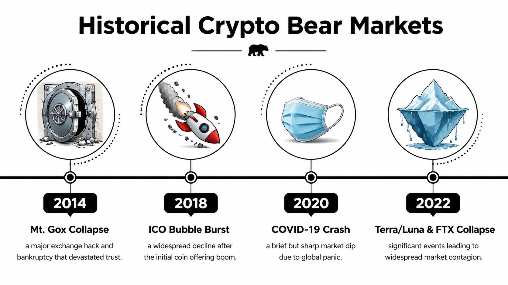 A timeline chart illustrating major historical cryptocurrency bear markets from 2014 through 2022.
