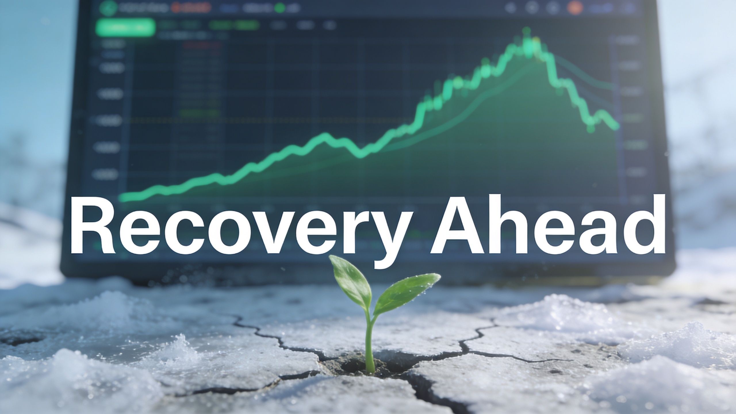 A small green seedling growing through cracked, snowy ground in front of a digital cryptocurrency market chart.