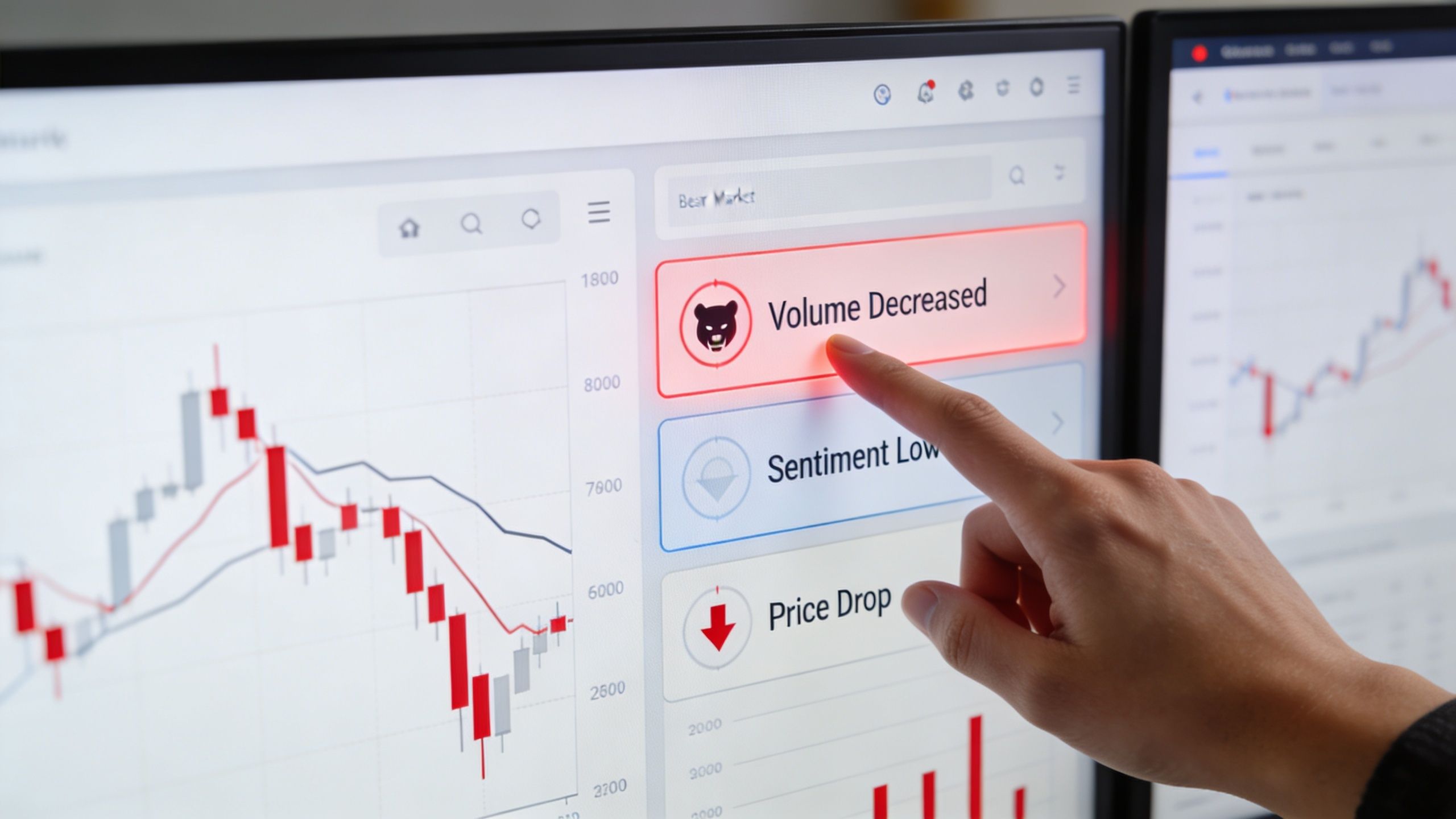 A hand pointing at a trading dashboard screen displaying market indicators like volume decrease and price drop.
