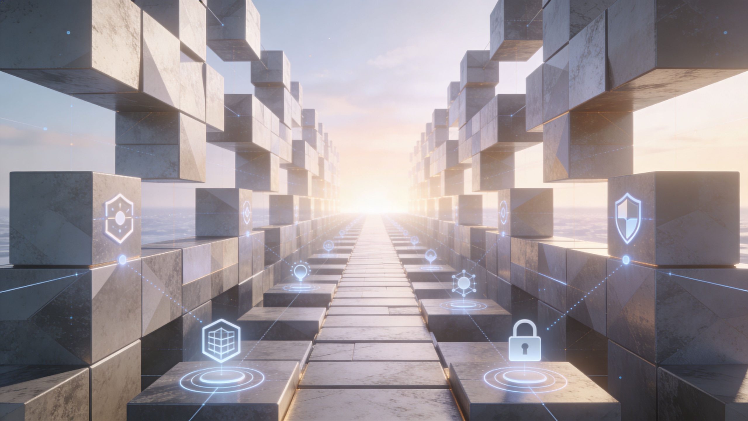 A digital pathway through abstract blocks with glowing cryptographic and cybersecurity icons at sunset.