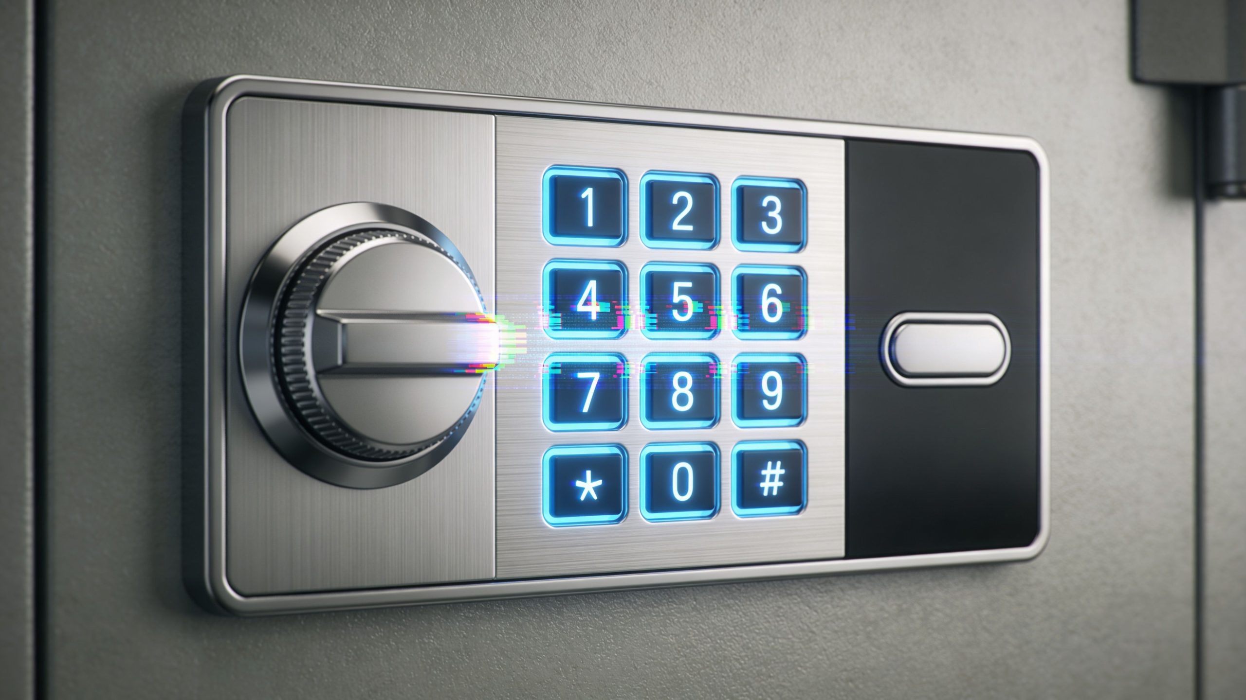 A secure digital vault keypad on a metallic safe door with a glowing blue numerical interface.