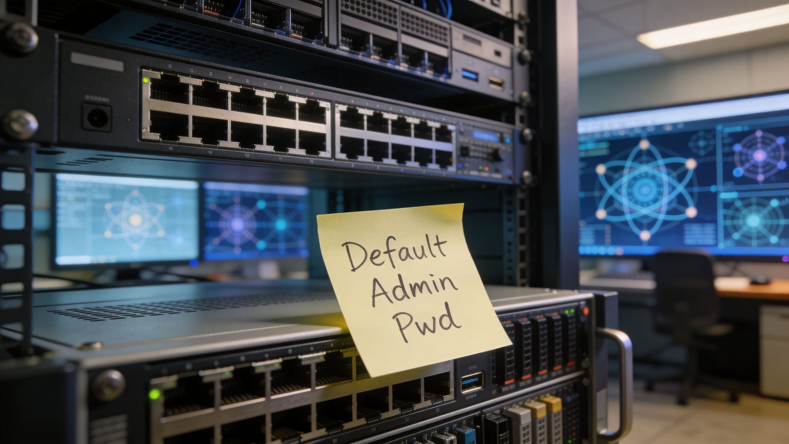 A yellow sticky note labeled Default Admin Pwd attached to a computer server in a technology lab.