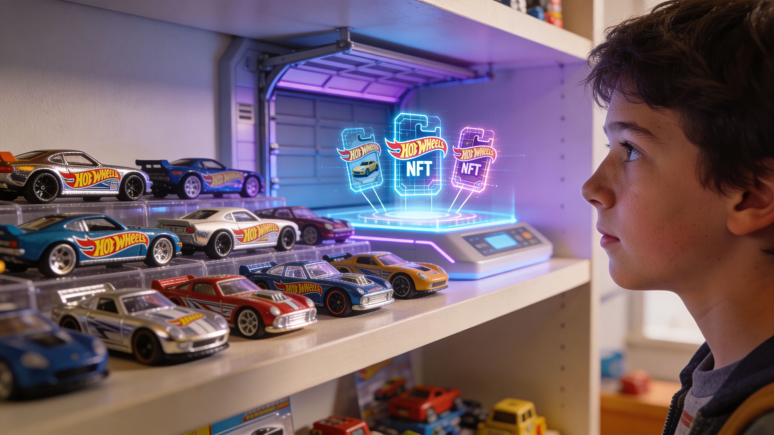 A young boy looking at a digital holographic display of Hot Wheels NFT cards on a shelf.