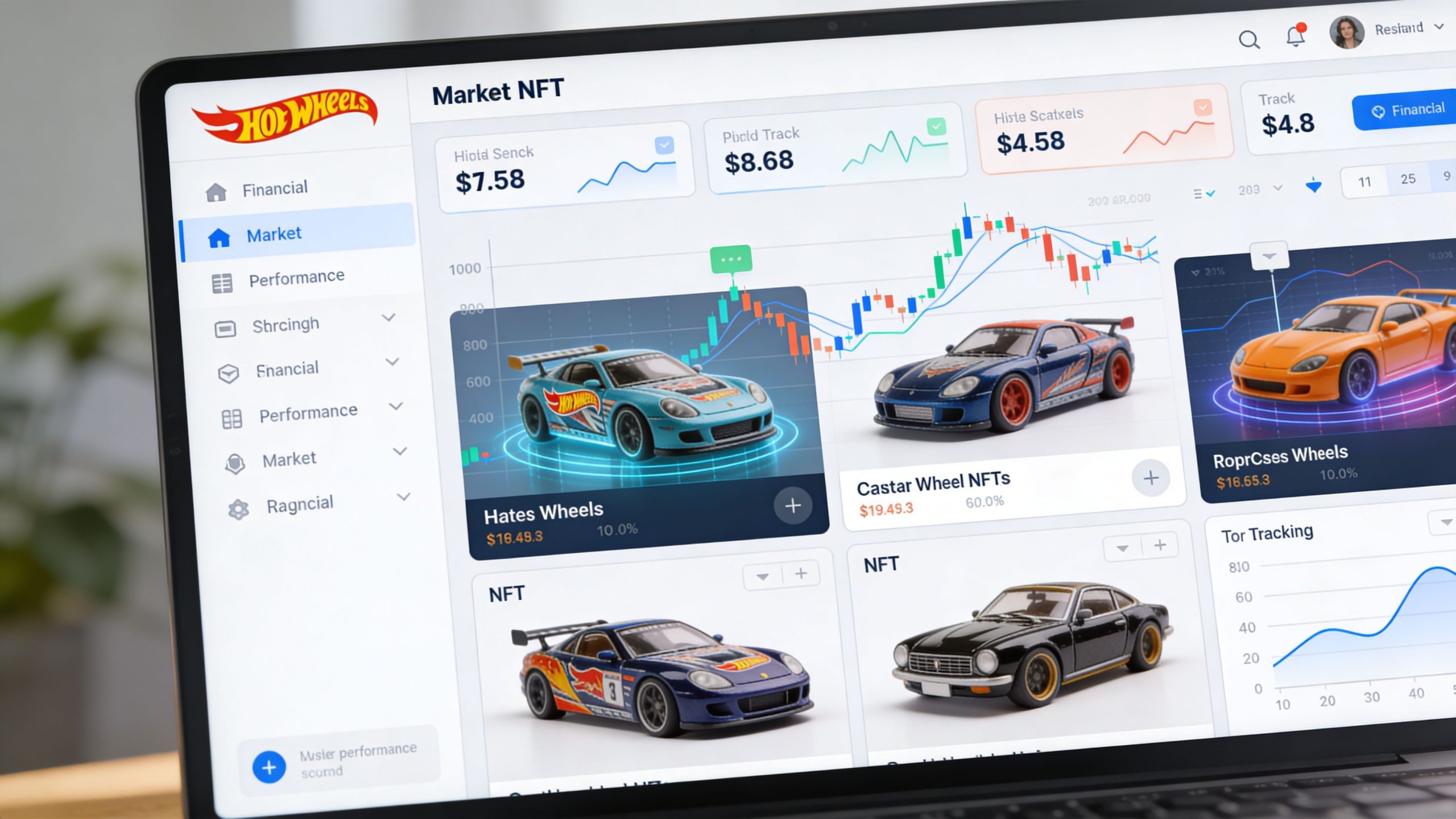 A digital dashboard displaying Hot Wheels NFT market data, including car collection charts and pricing statistics.