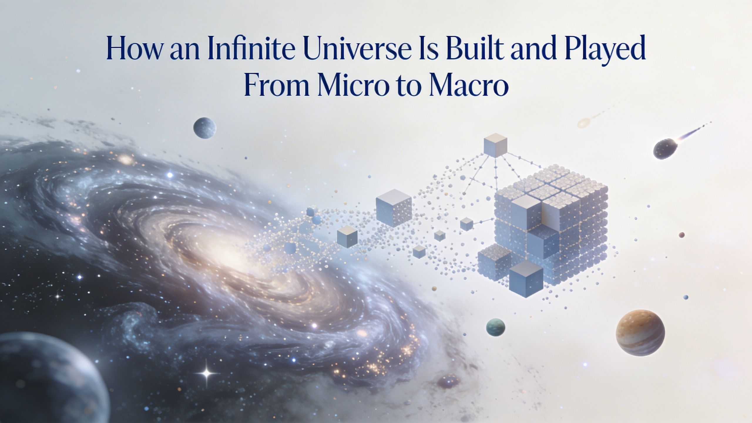 A conceptual graphic illustrating a digital universe built from cubic data blocks floating in space.