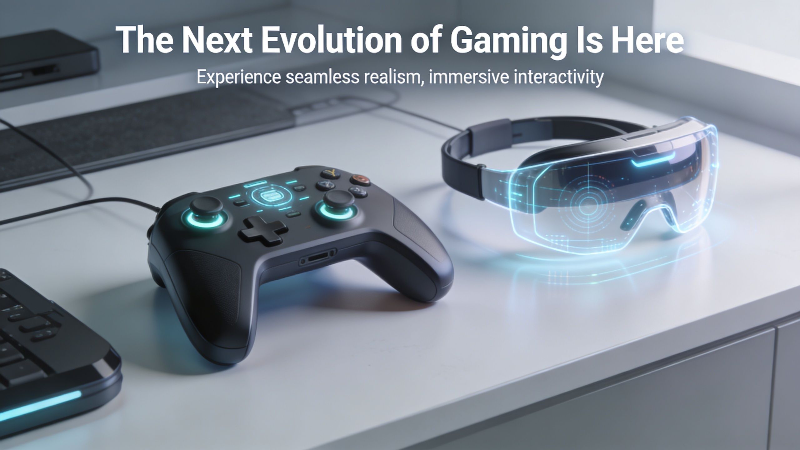 A modern gaming controller and a futuristic virtual reality headset sitting on a desk surface.