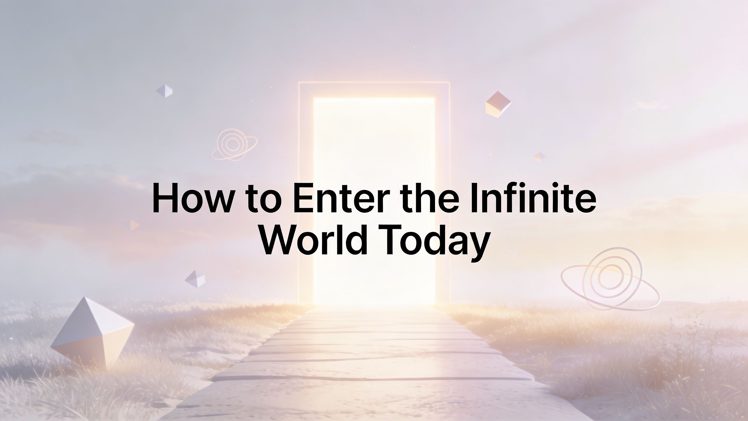 A glowing doorway stands at the end of a stone path leading into an infinite virtual world.