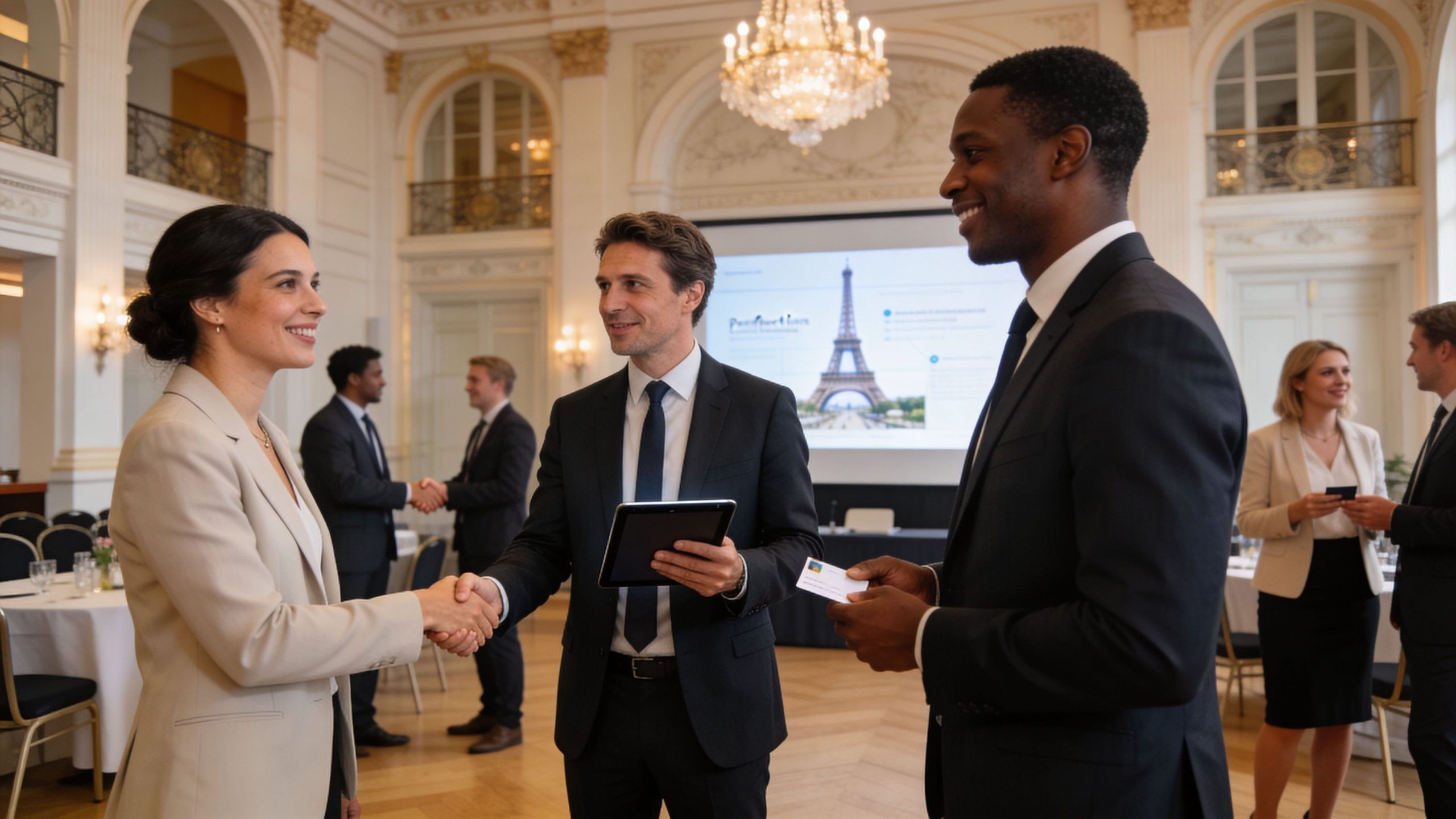 A diverse group of business professionals networking at an elegant conference event with a Paris-themed presentation backdrop.