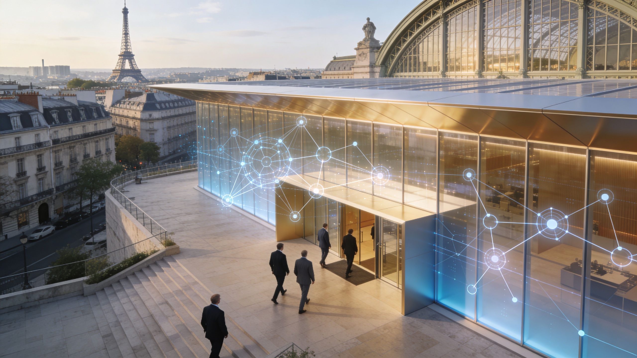 Business professionals walking into a modern building in Paris with a digital blockchain network graphic overlay.