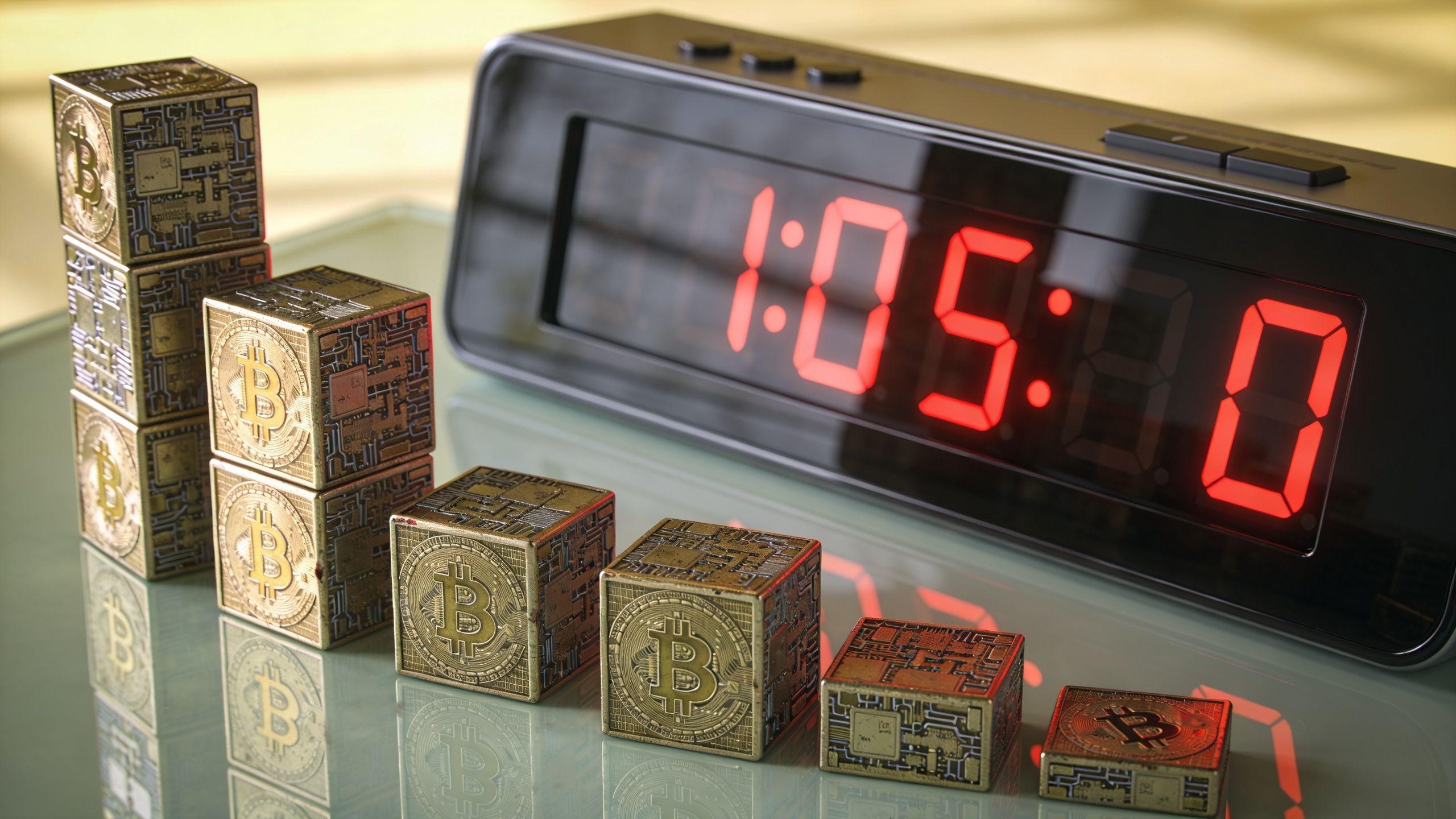 A digital clock next to a stack of Bitcoin-themed metal cubes on a reflective glass surface.