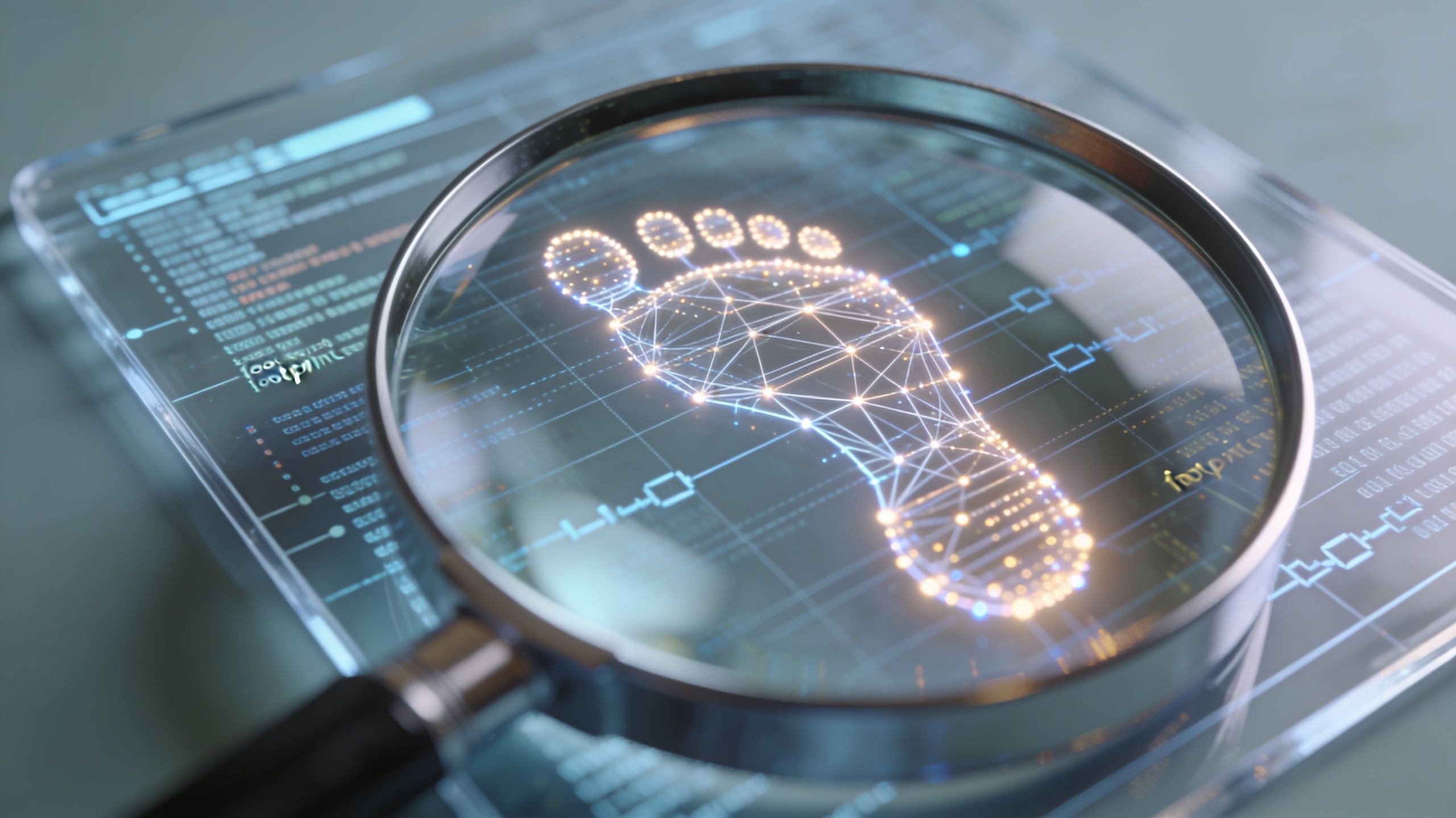 A magnifying glass focusing on a digital glowing footprint network overlay on a transparent technology tablet screen.