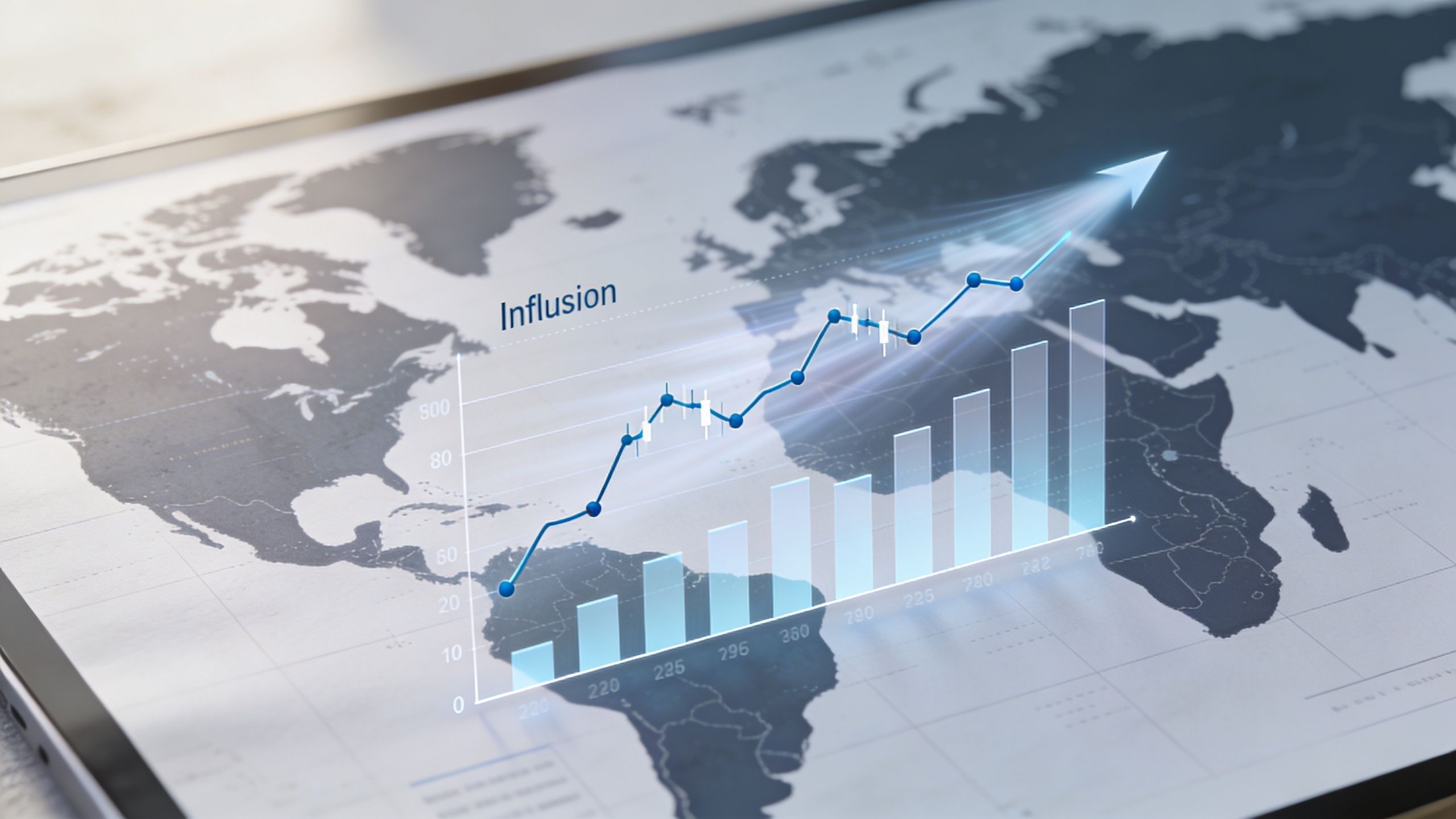 A digital financial chart showing an upward trend over a world map background, illustrating global economic growth.
