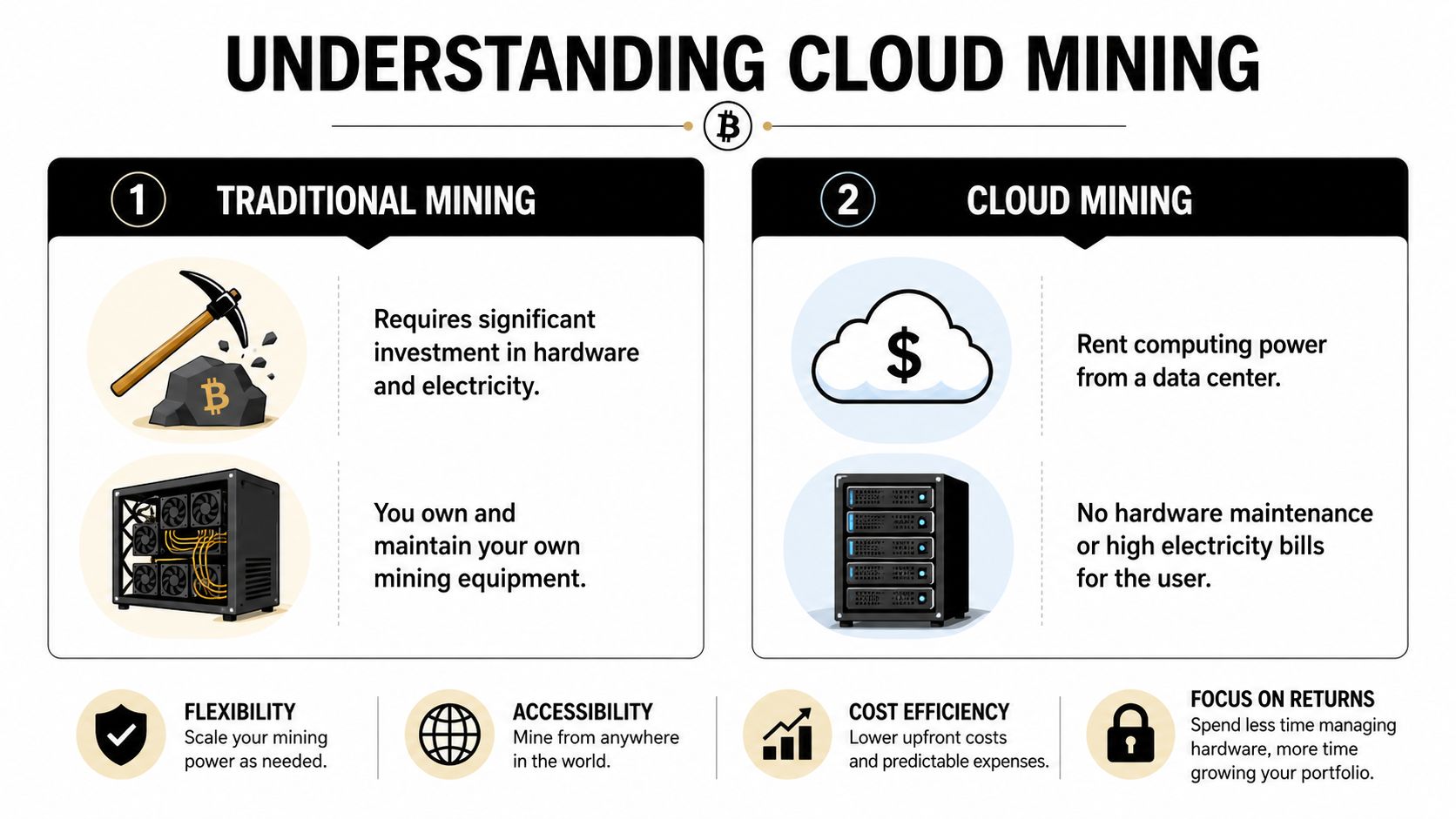 A comparative infographic explaining the differences between traditional hardware-based mining and cloud-based bitcoin mining.