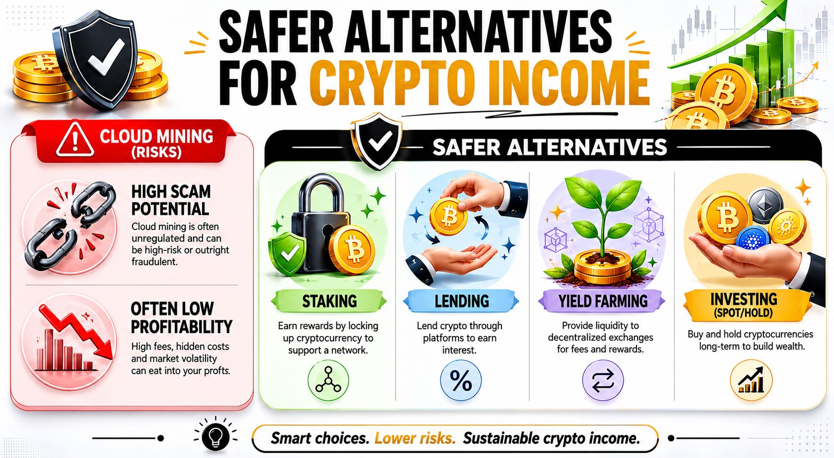 An infographic illustrating safer crypto investment alternatives compared to the high risks of cloud mining.