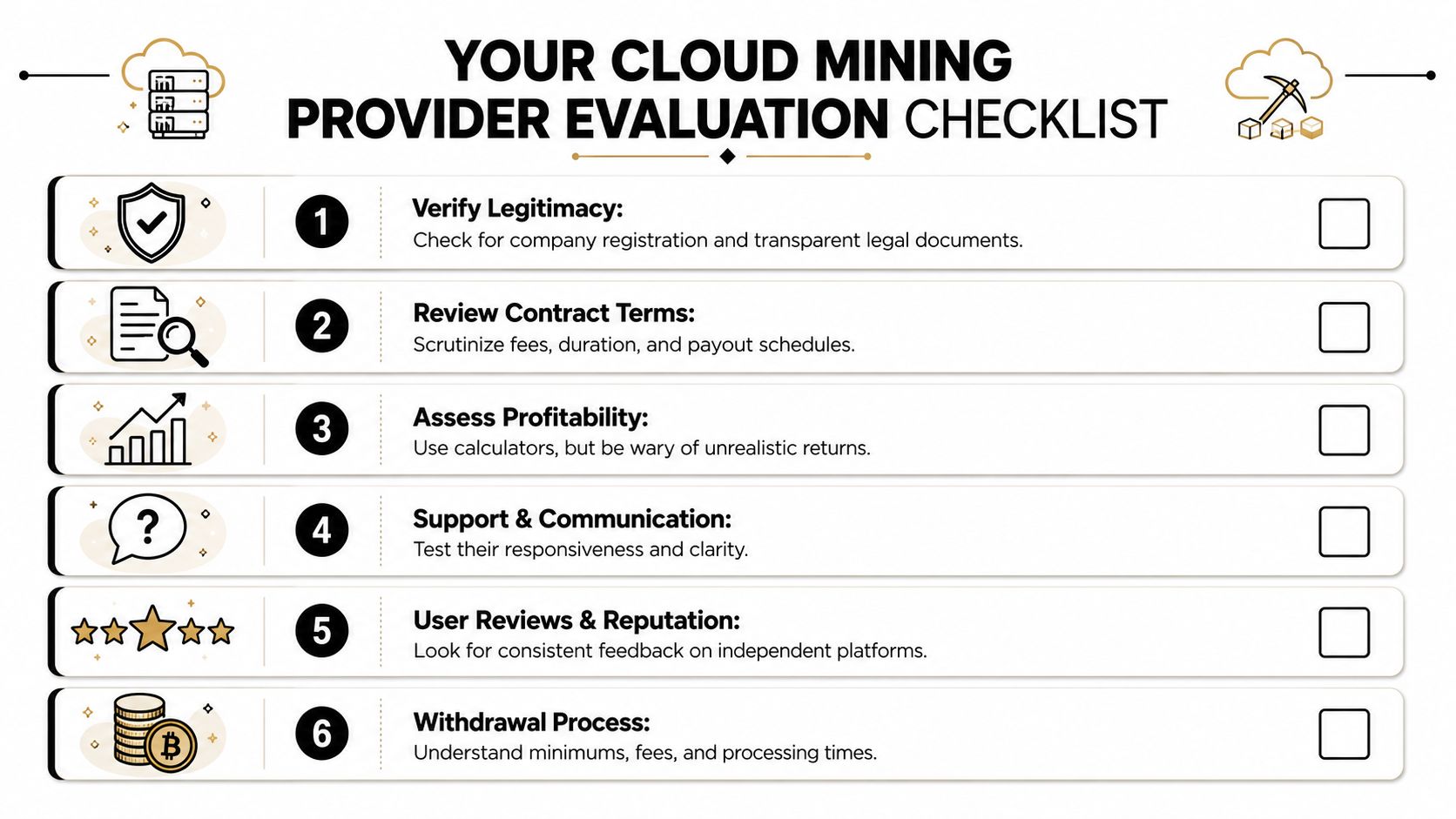 A checklist infographic titled Your Cloud Mining Provider Evaluation Checklist listing six essential steps for selection.