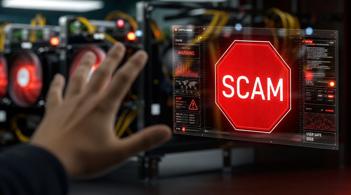 A human hand reaches toward a holographic screen displaying a red scam warning in a server room.