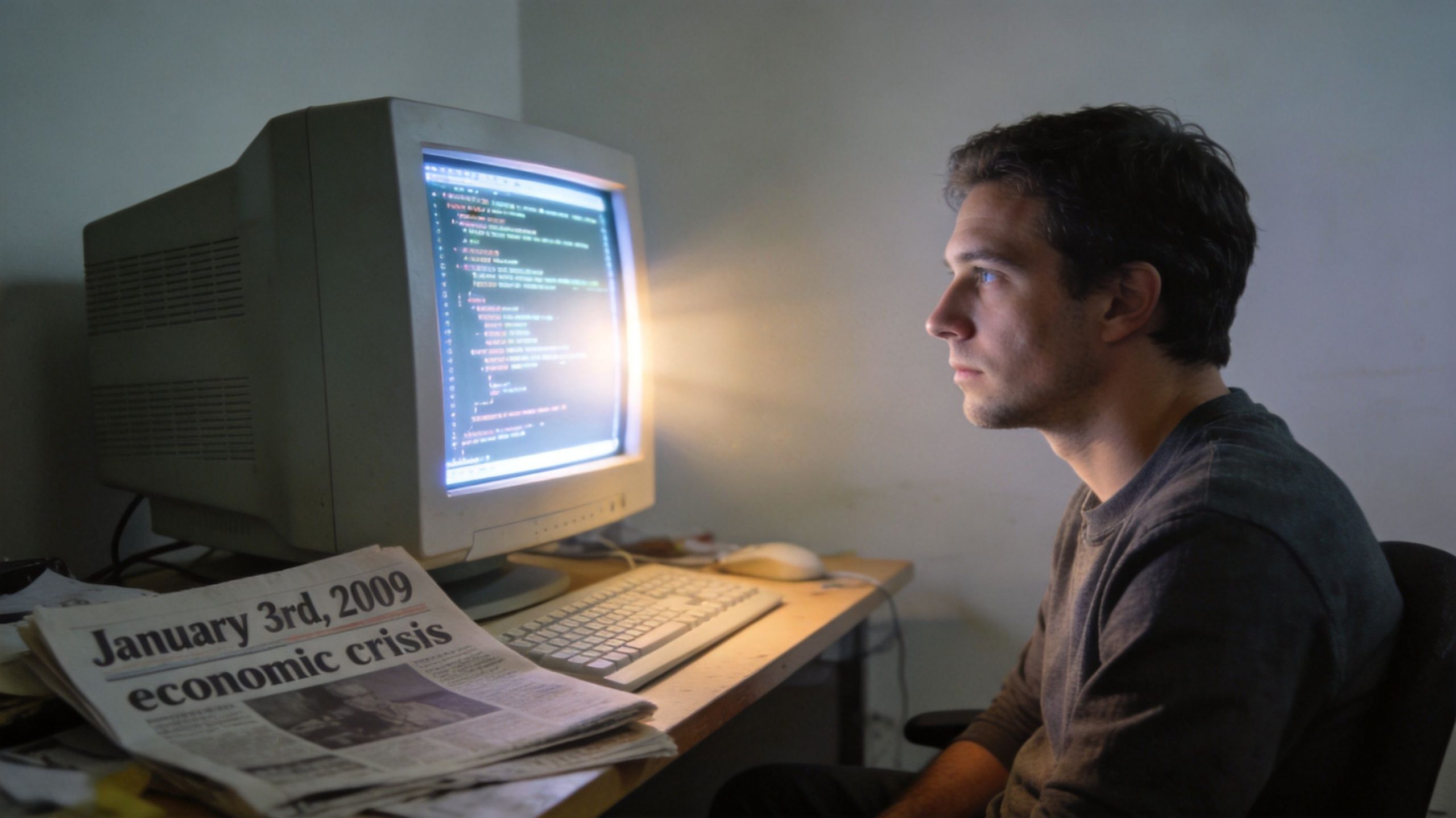 A man looking at code on an old monitor next to a newspaper dated January 3rd, 2009.