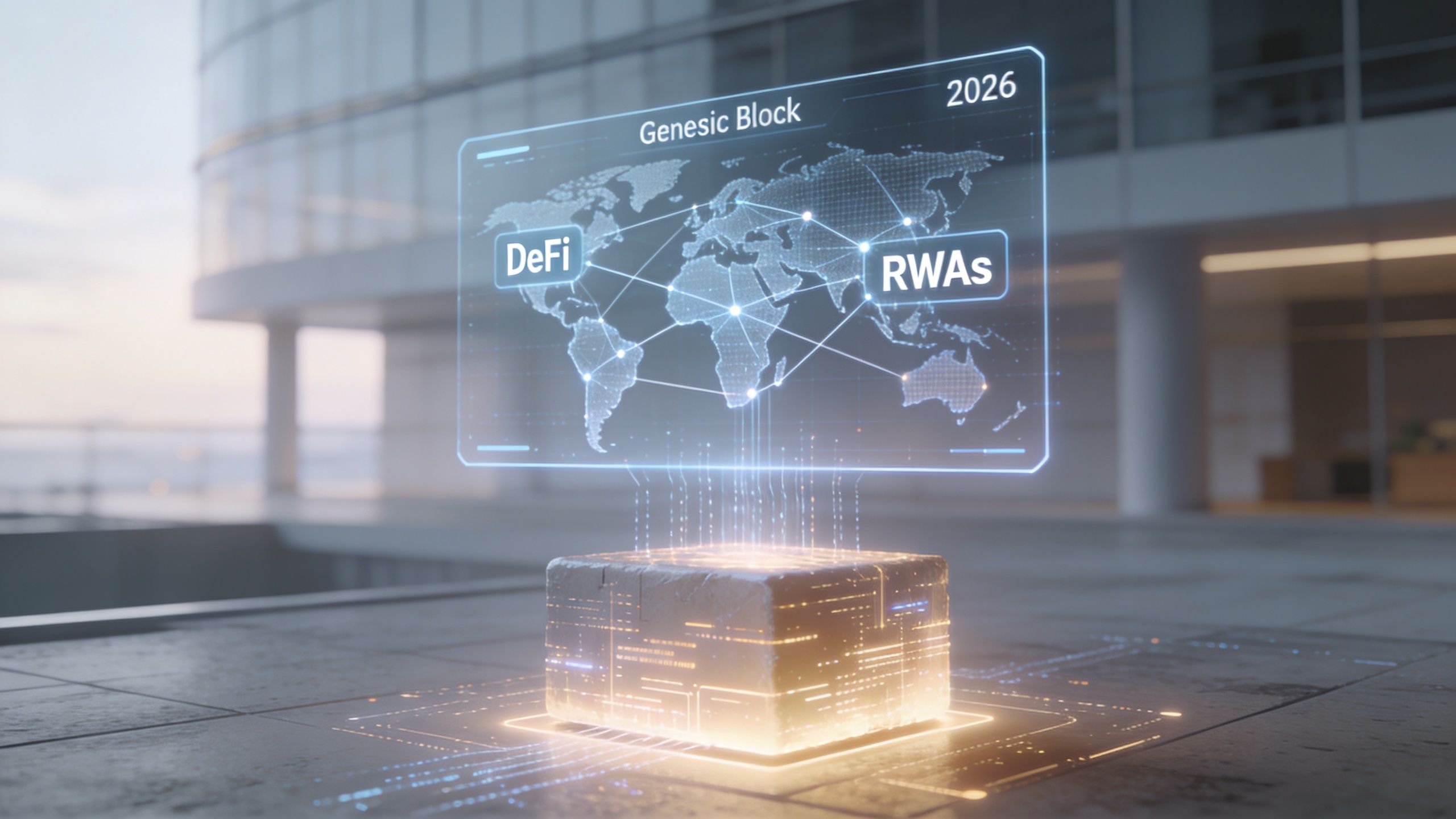 A futuristic digital cube hologram displaying a global world map with DeFi and RWAs text labels.