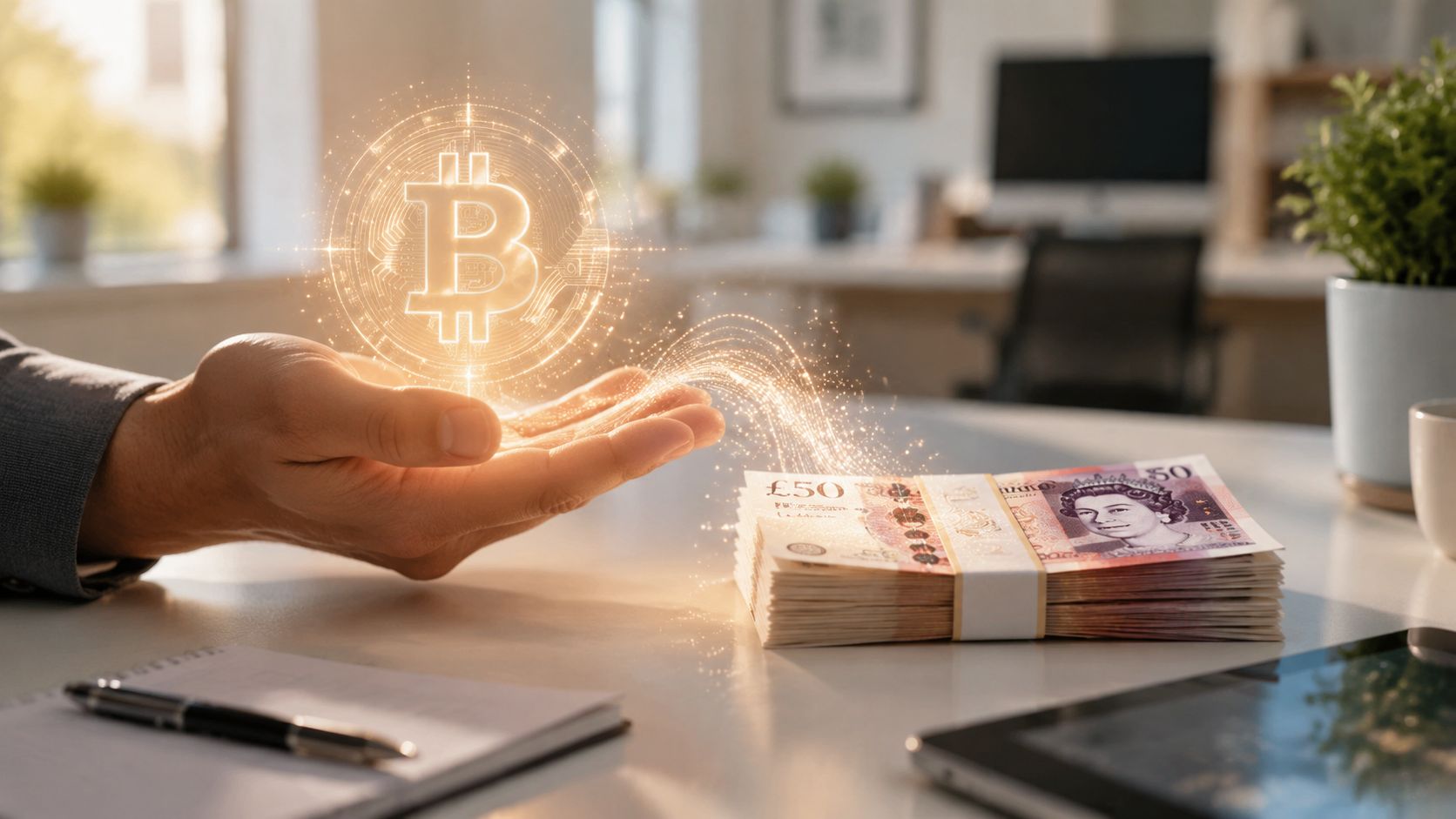 A conceptual image showing a hand holding a glowing Bitcoin hologram transforming into a stack of British currency.