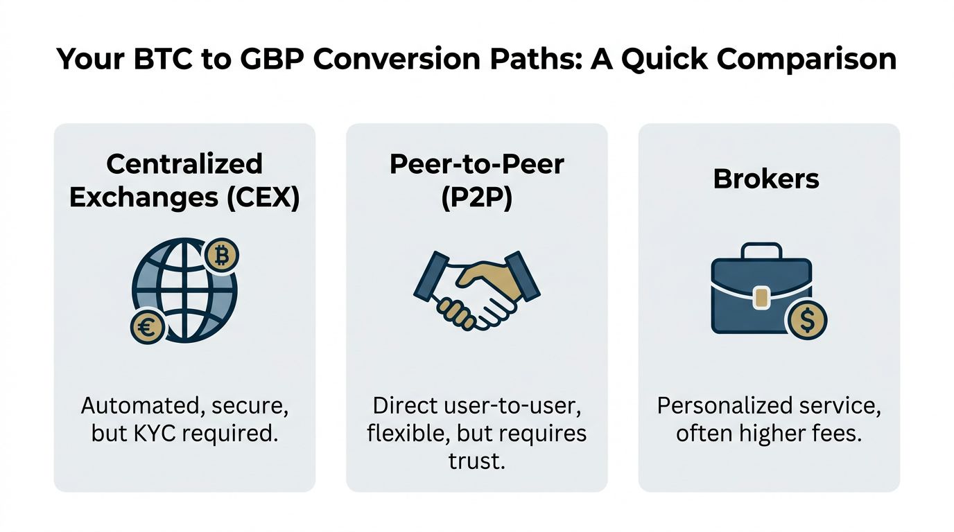 A comparison chart showing three methods to convert Bitcoin to GBP: centralized exchanges, peer-to-peer, and brokers.