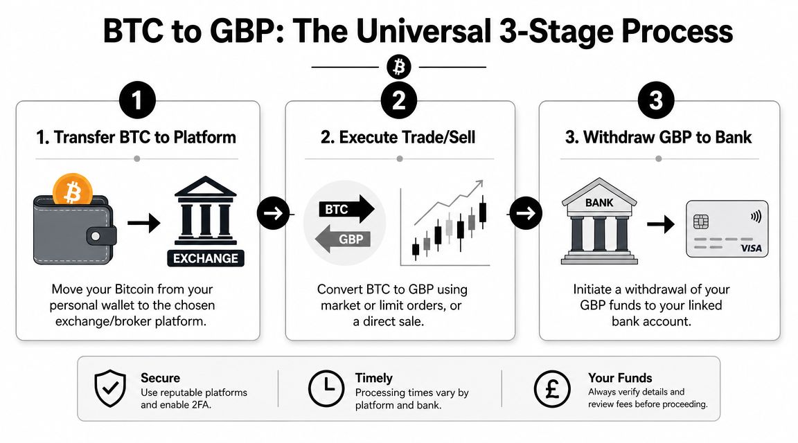 An infographic illustrating the three-stage process to convert and transfer Bitcoin to GBP using an exchange.