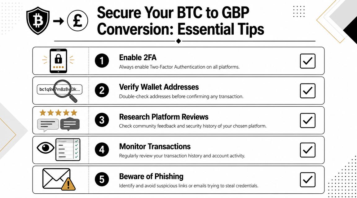 A helpful infographic listing five essential security tips for converting Bitcoin (BTC) to British Pounds (GBP).