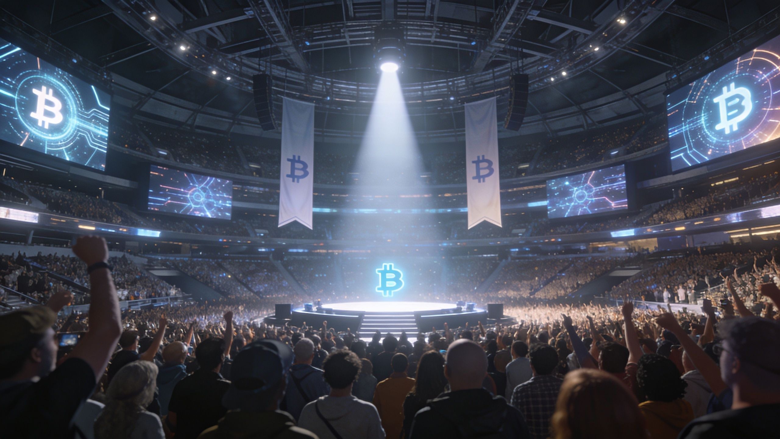 A massive, packed stadium with a bright glowing Bitcoin symbol on a central stage surrounded by fans.