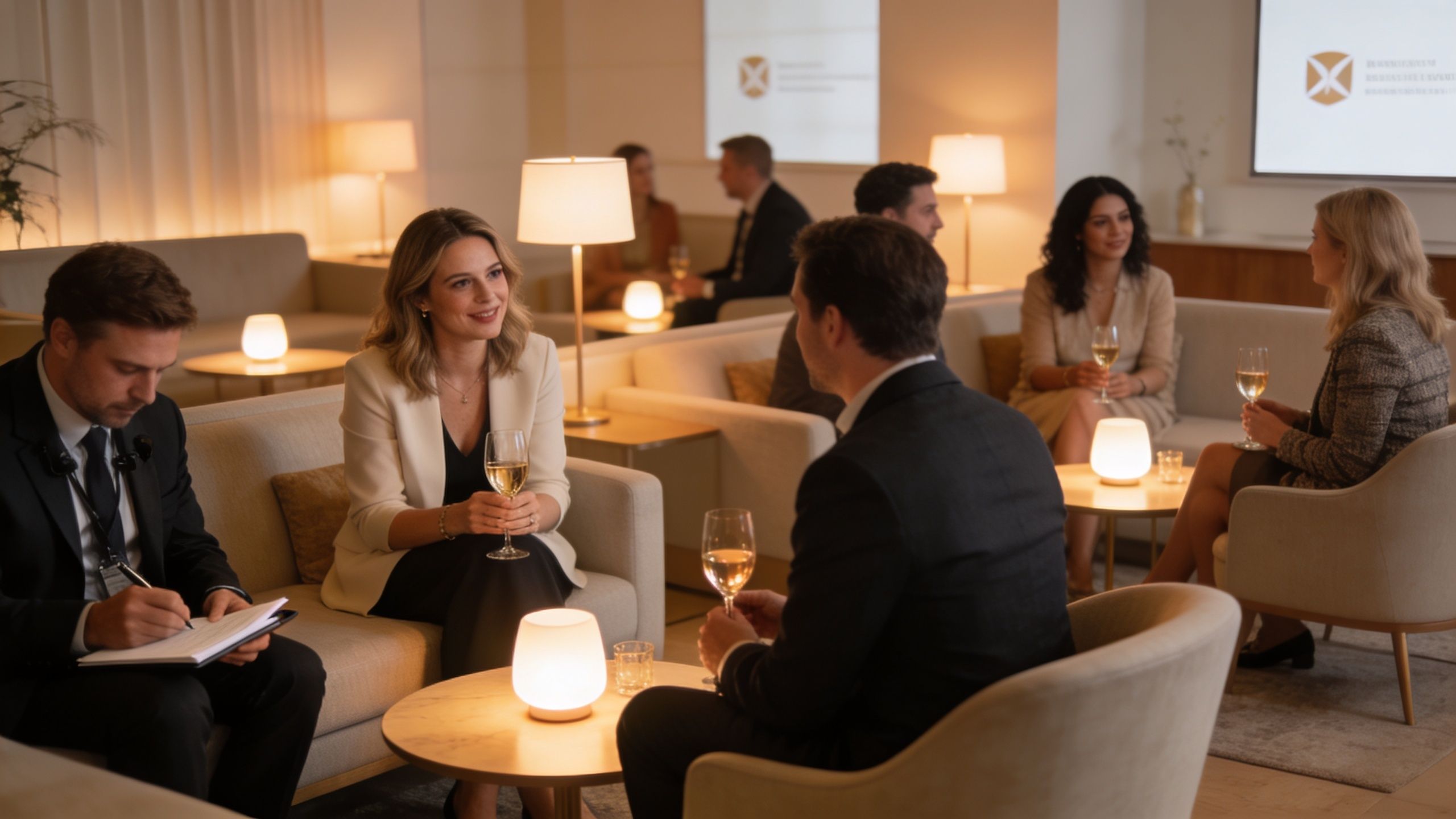 A professional business event setting where attendees are networking, discussing, and drinking champagne in a luxury lounge.