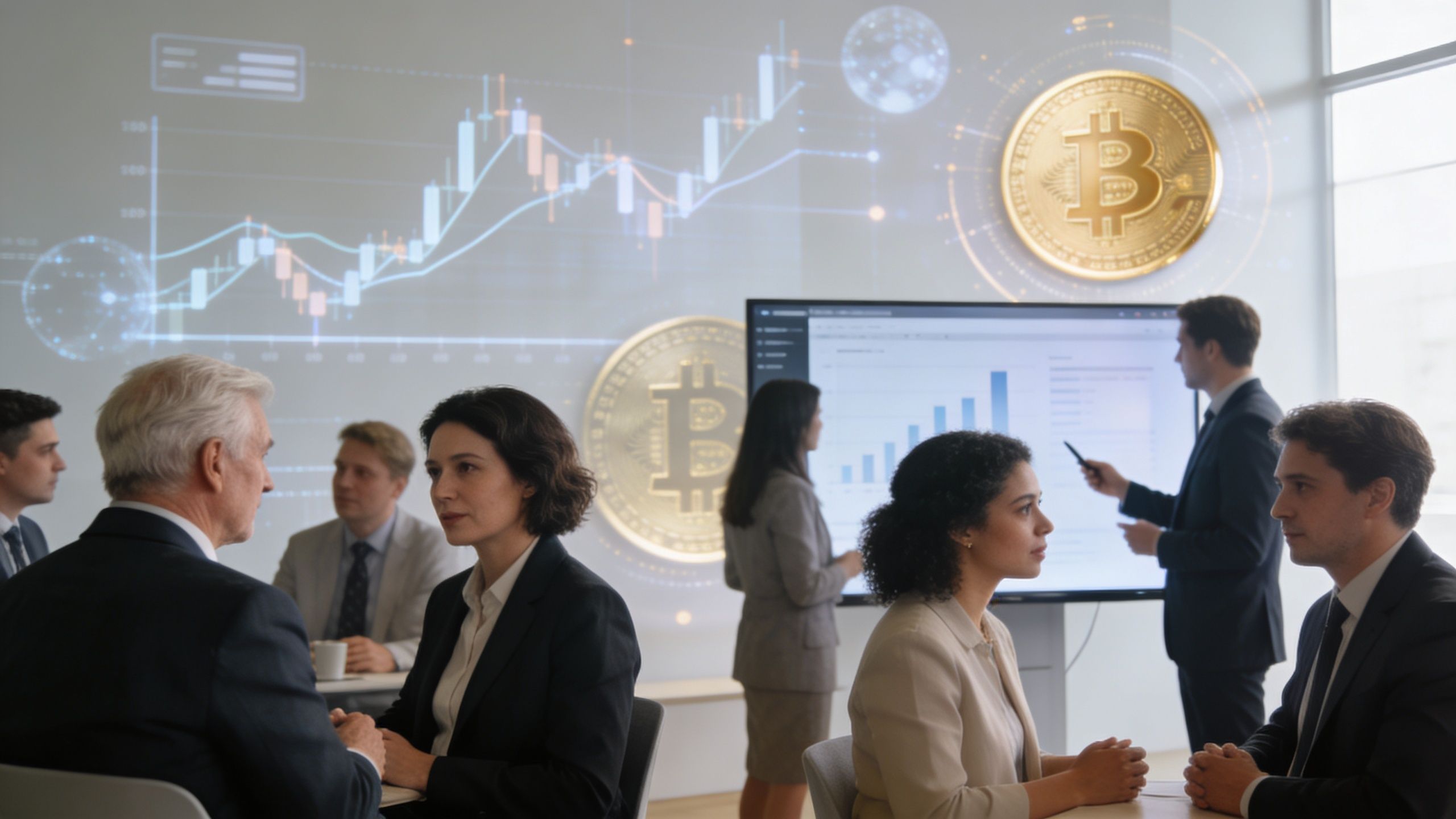 A professional group in a meeting room observing digital cryptocurrency charts and bitcoin graphics on screens.