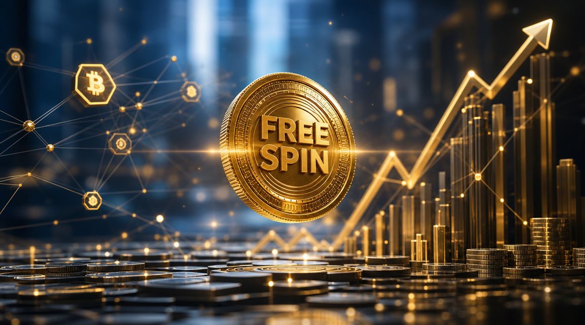 A gold coin labeled Free Spin floating above a digital background with Bitcoin icons and rising financial graphs.