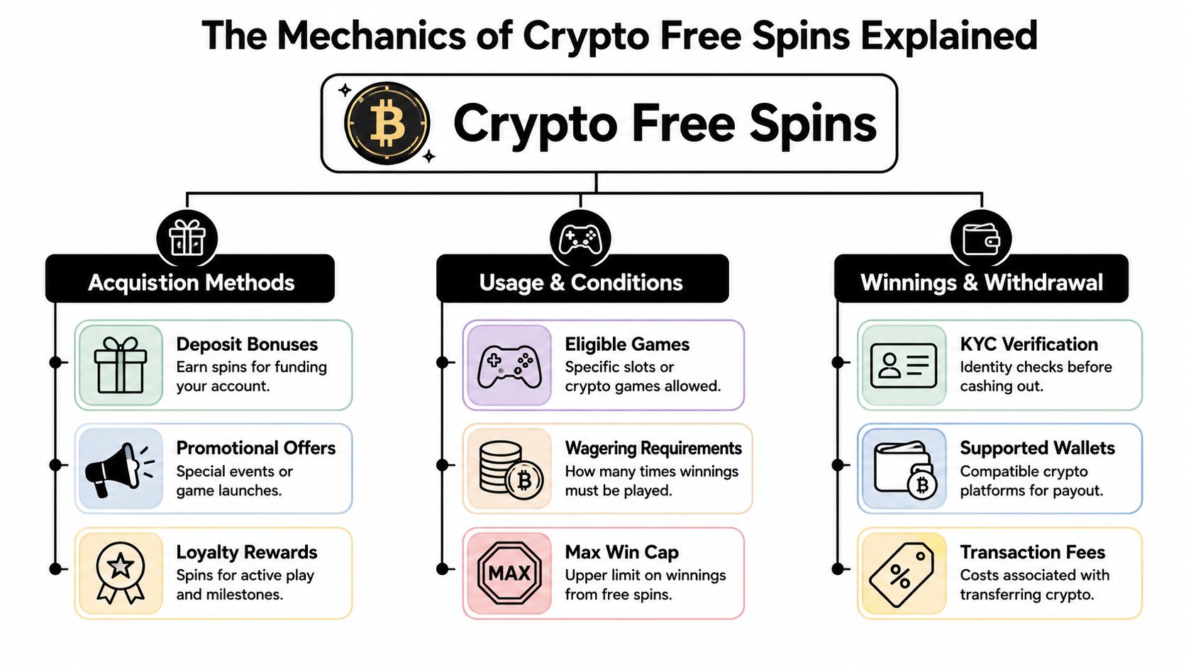 An infographic titled The Mechanics of Crypto Free Spins detailing acquisition methods, usage conditions, and withdrawal processes.