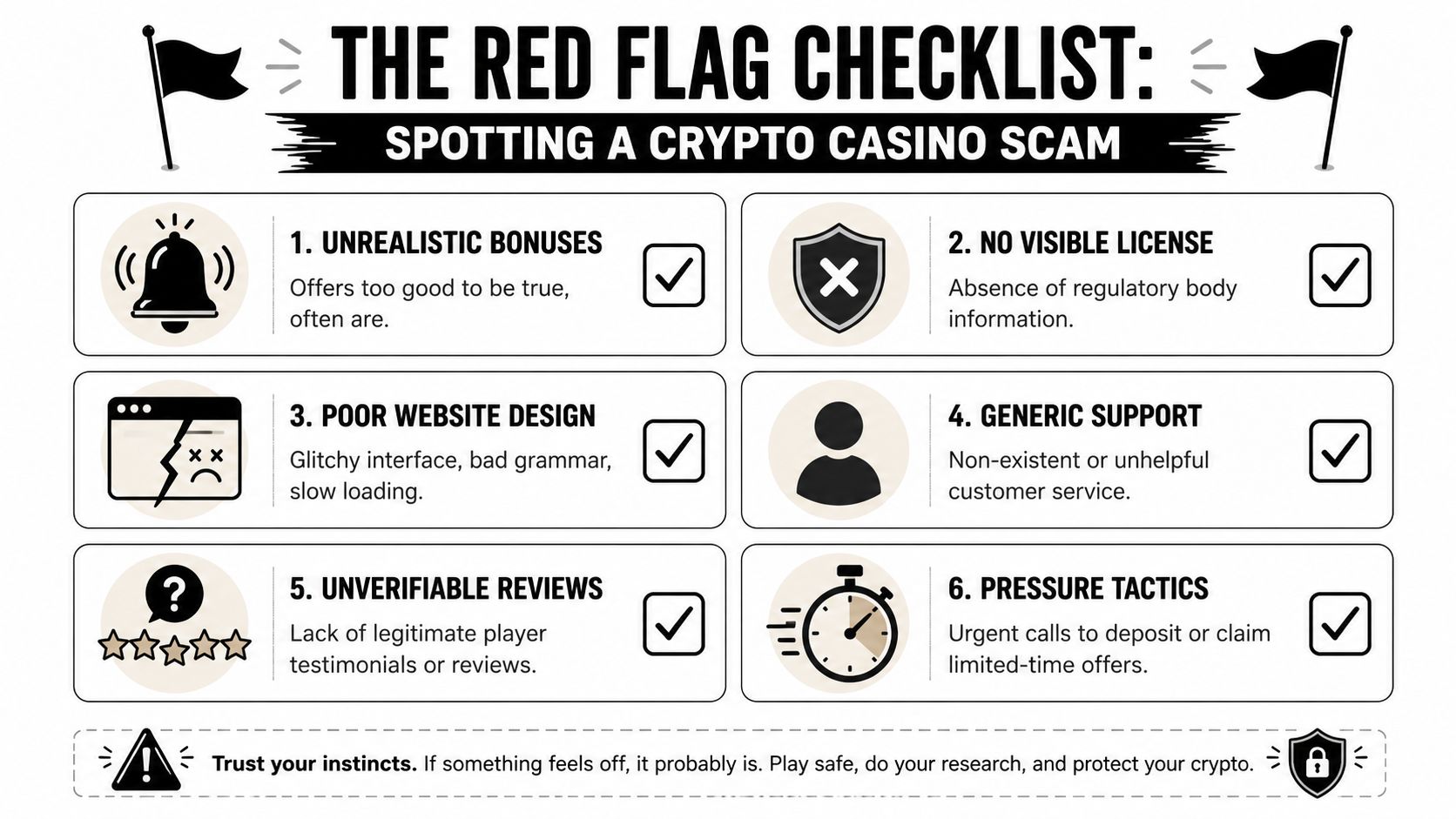 An infographic titled The Red Flag Checklist detailing six common signs of a crypto casino scam.