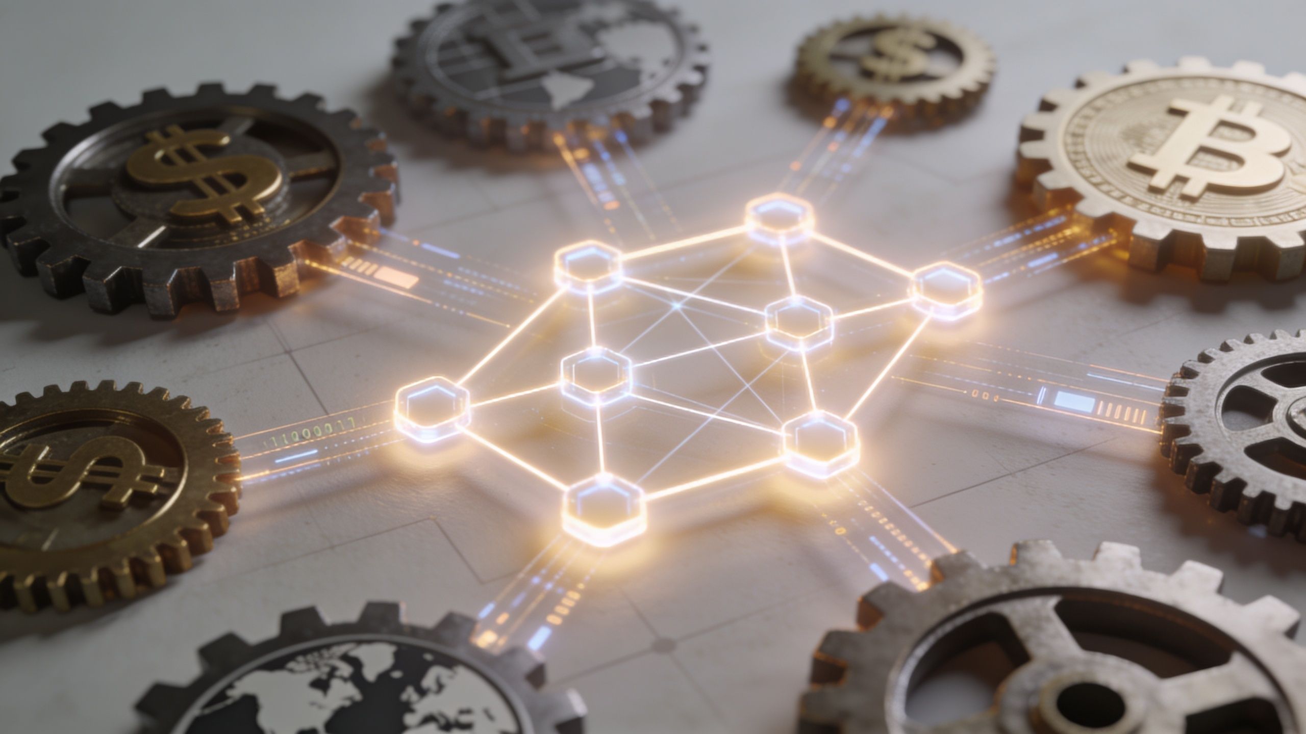 A digital illustration showing a glowing network node connected to various gold gears with currency symbols