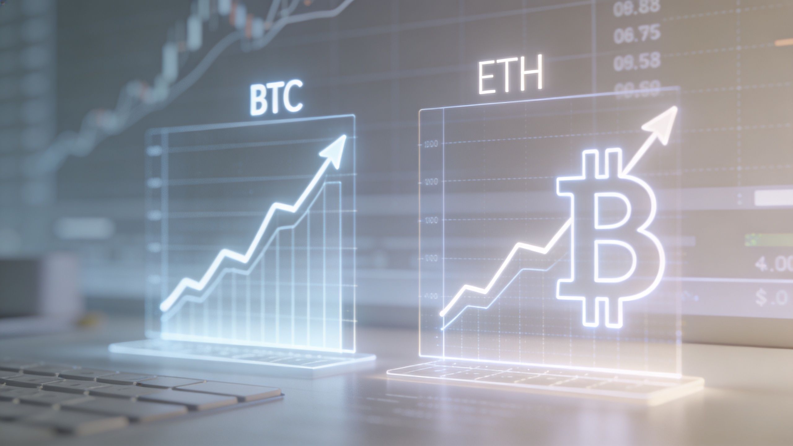 A digital desktop display featuring glowing holographic charts for Bitcoin and Ethereum cryptocurrency price growth trends.