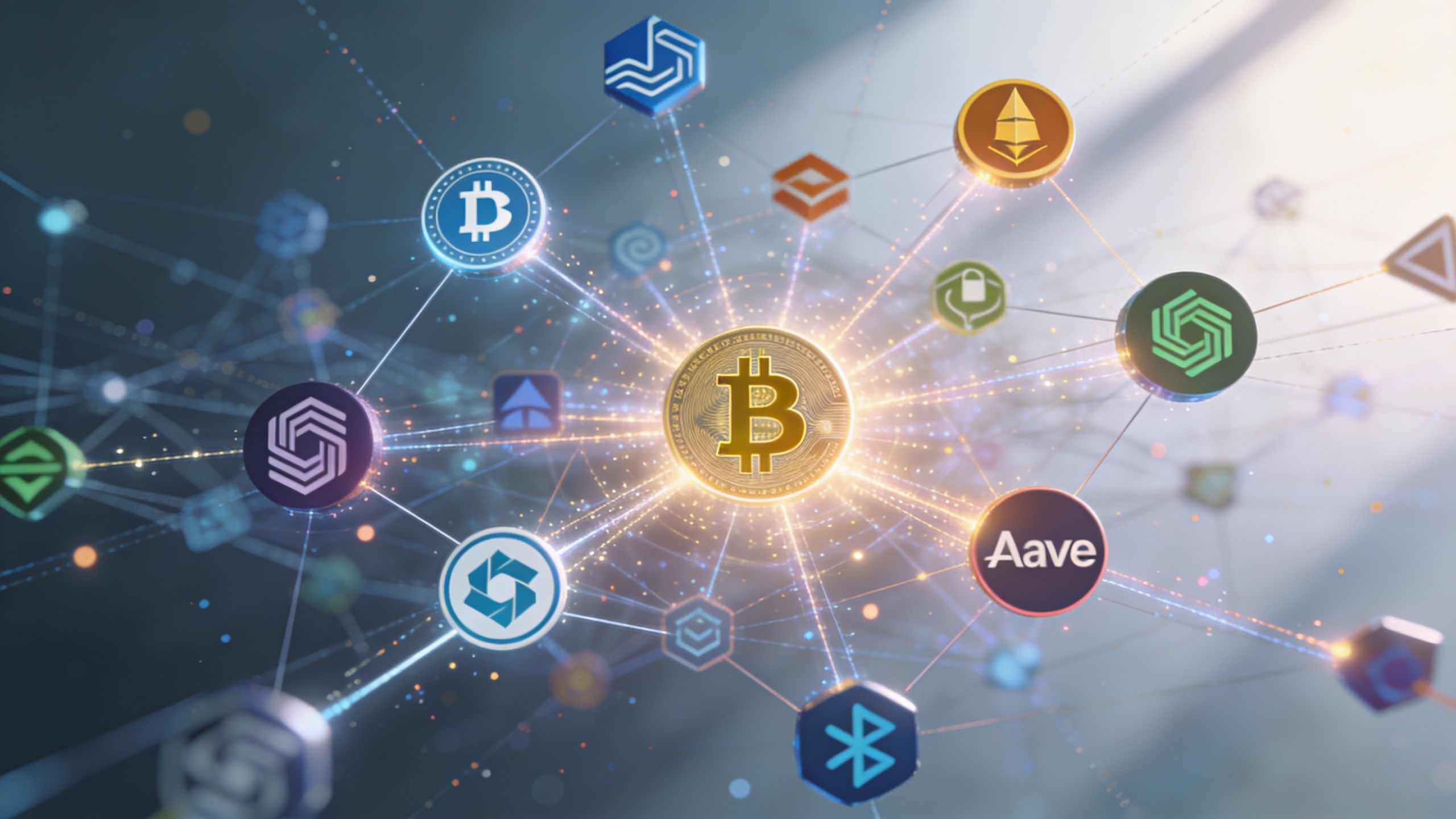 A glowing central Bitcoin symbol surrounded by interconnected cryptocurrency logos in a futuristic digital network visualization.
