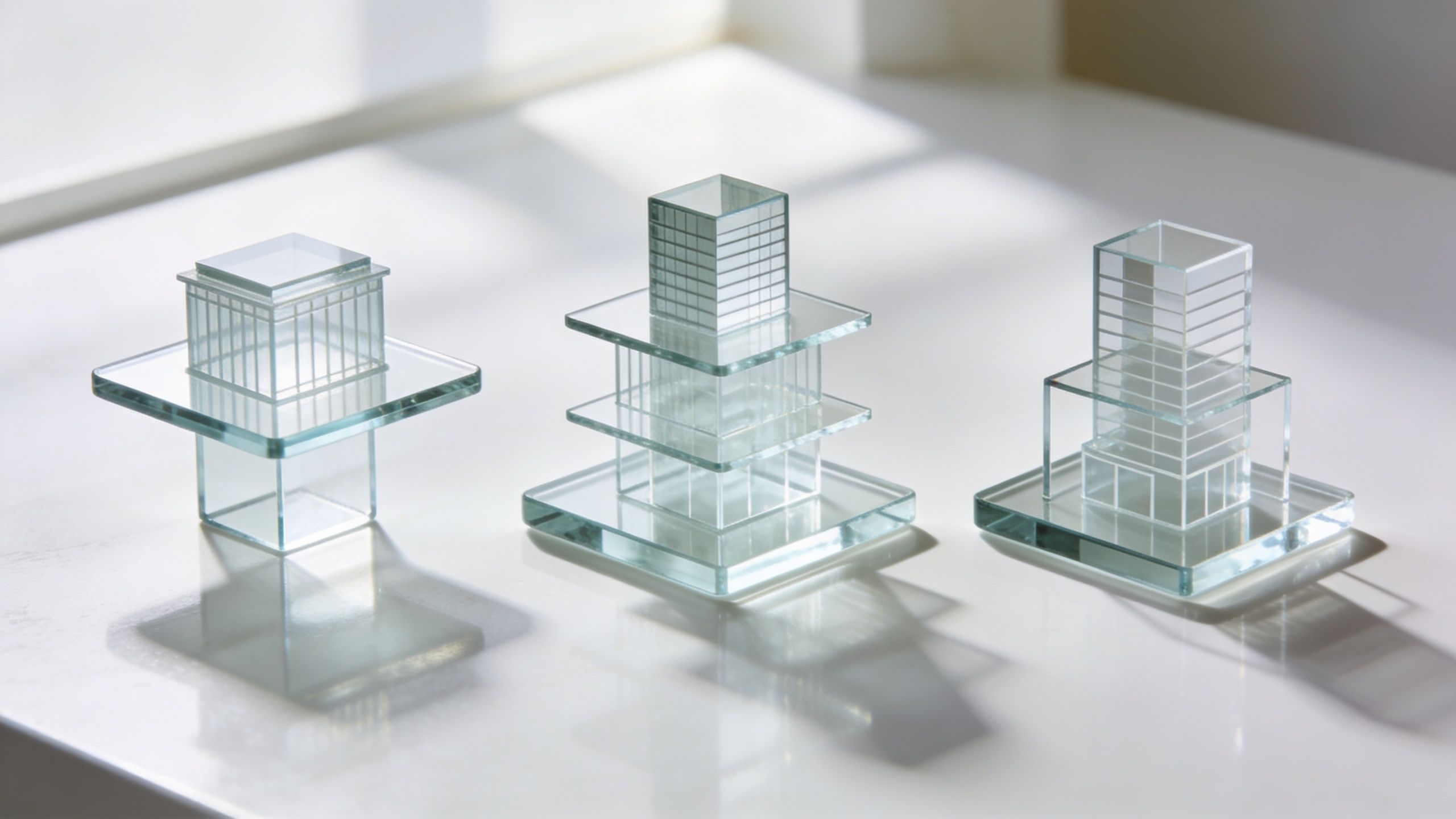Three miniature glass architectural building models arranged on a clean white surface with natural lighting.