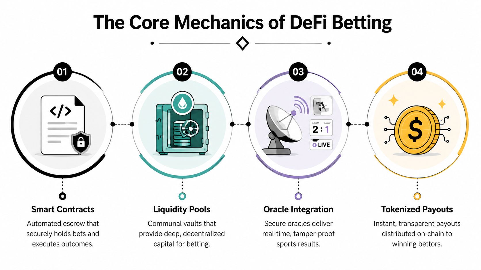 A diagram outlining the four core mechanics of decentralized finance betting: smart contracts, liquidity pools, oracle integration, and payouts.