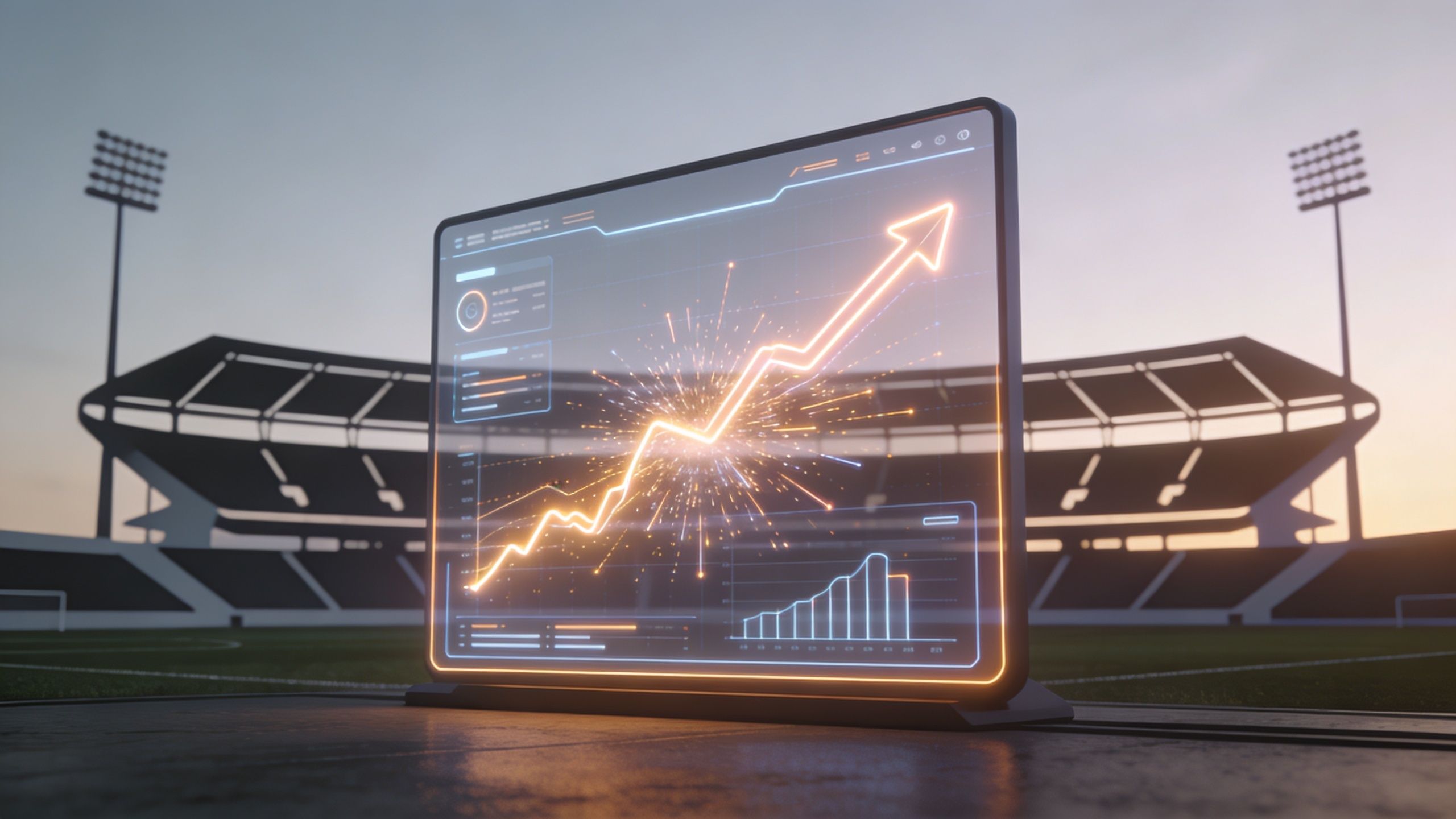 A futuristic digital dashboard displaying glowing financial performance charts standing on a sports stadium field.