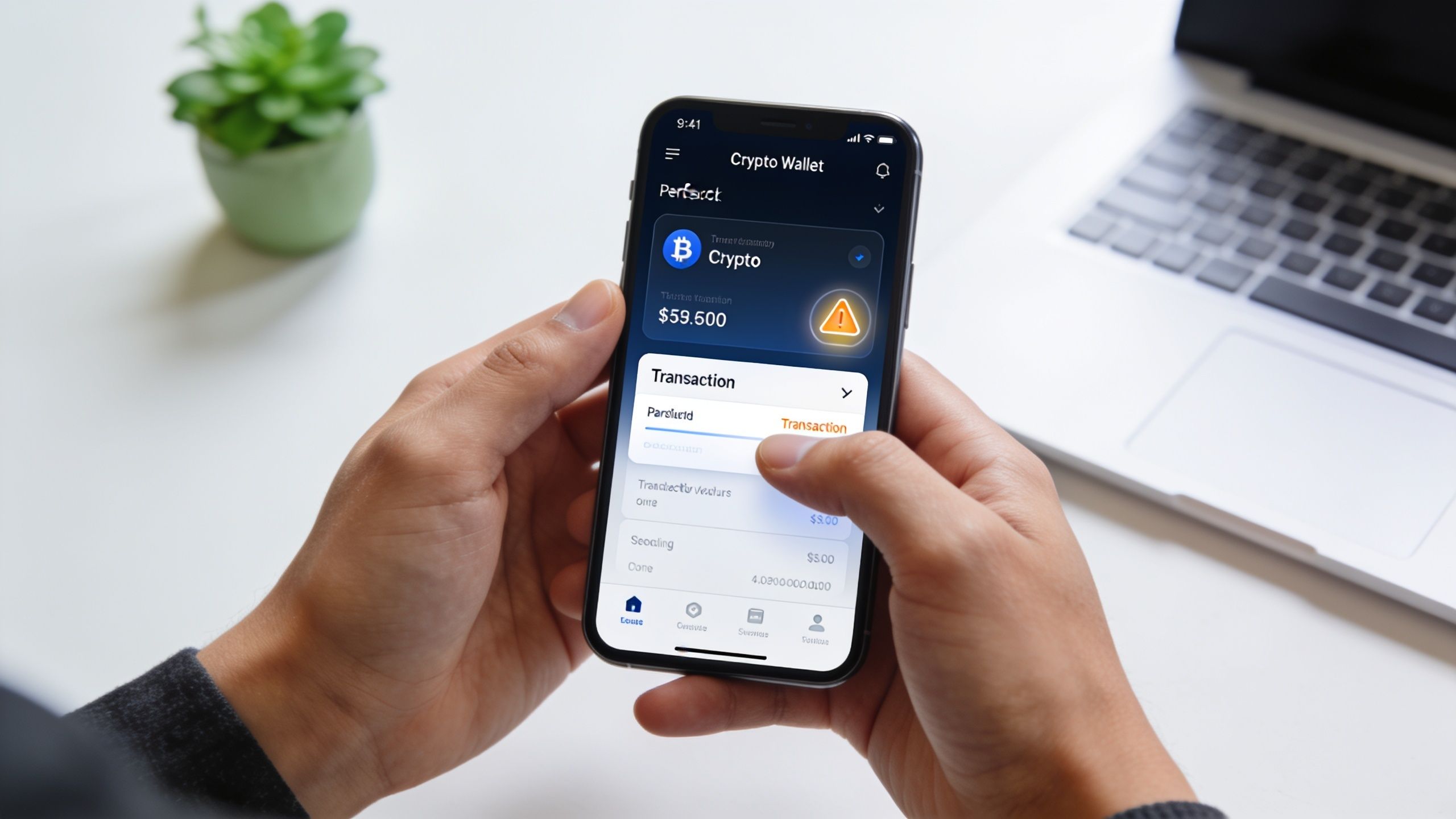 A person checking a cryptocurrency wallet app on their smartphone showing a transaction warning symbol.