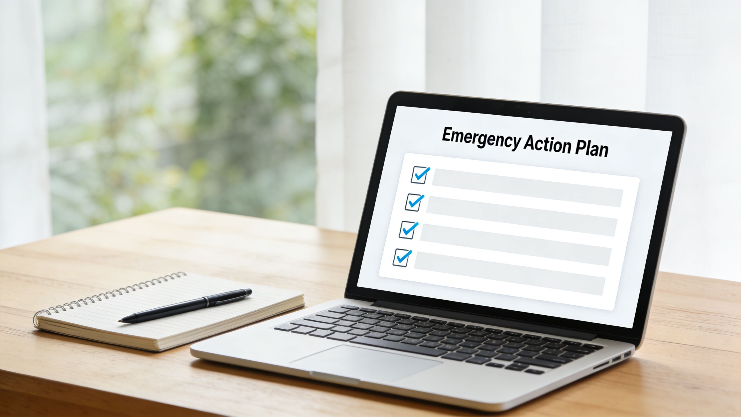 A laptop on a wooden desk displaying an Emergency Action Plan checklist with four marked boxes.