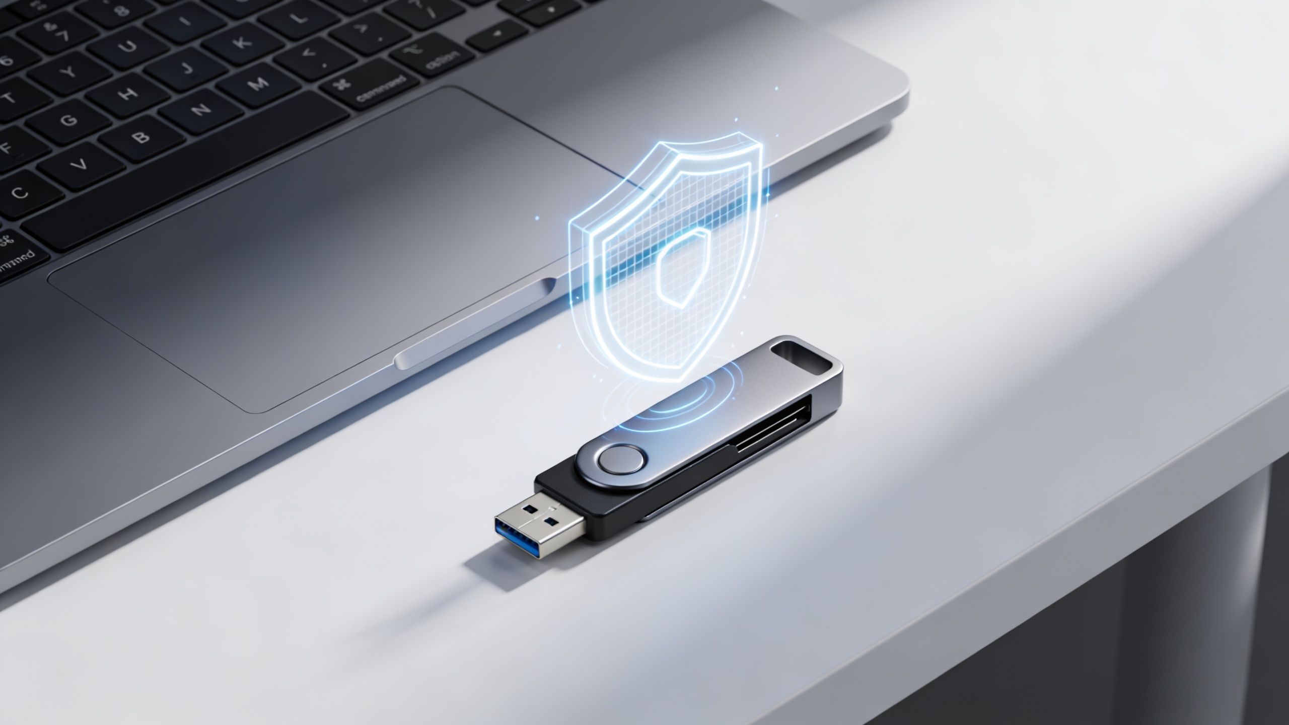 A secure cryptocurrency hardware wallet with a holographic shield icon placed on a desk next to a laptop.