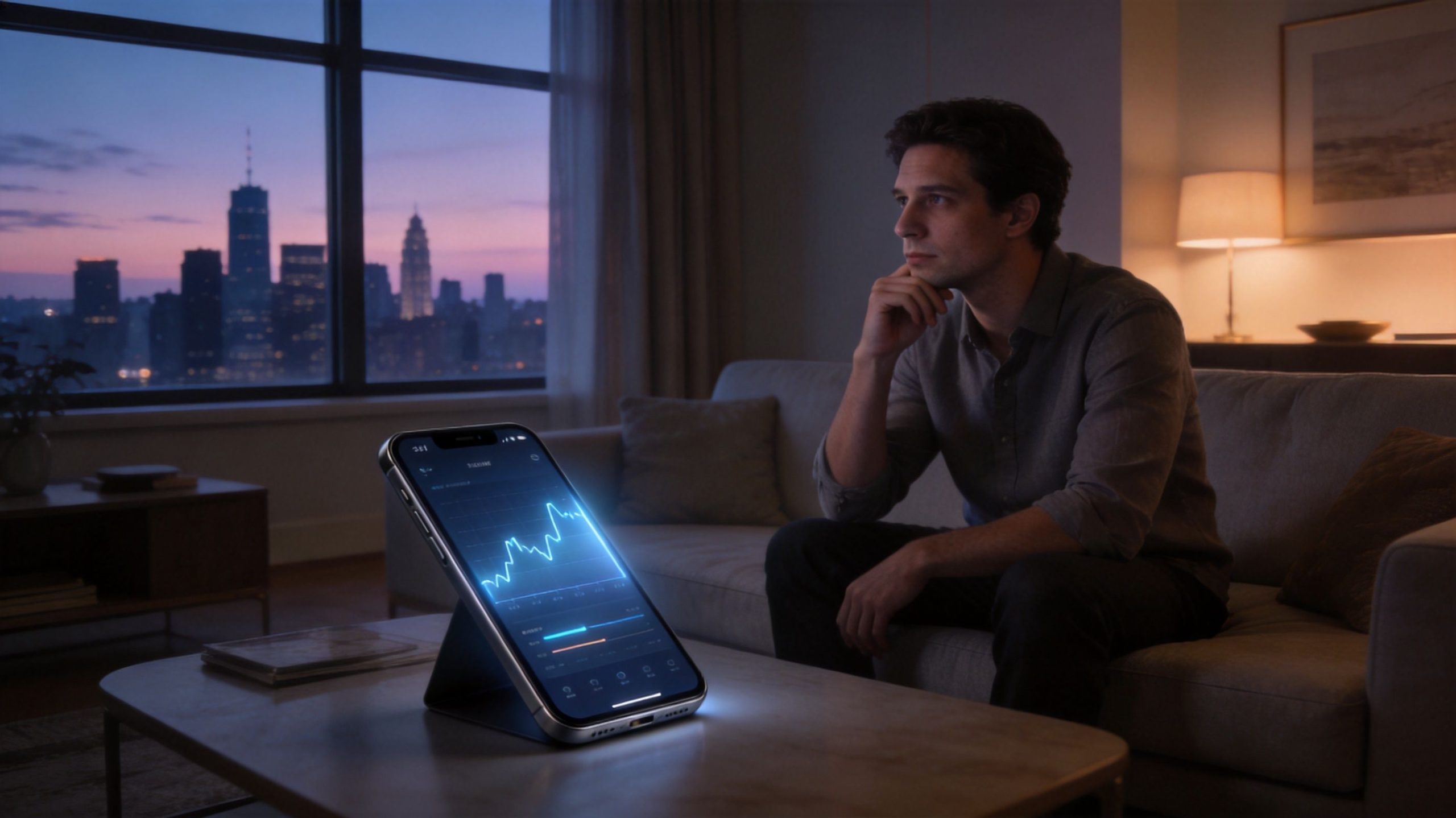 A man sits on a couch watching a digital cryptocurrency chart displayed on a large smartphone screen.