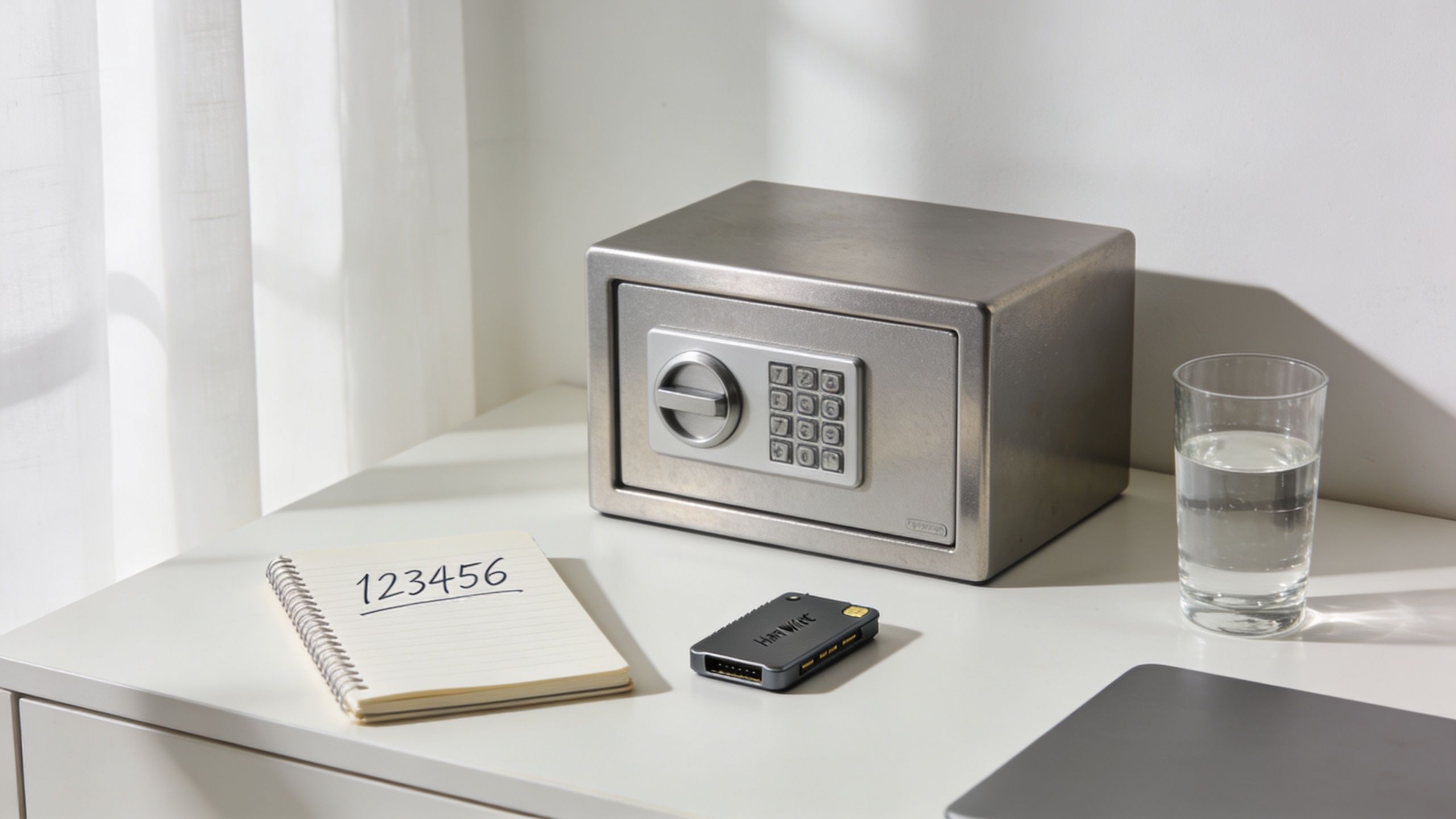 A small metal digital safe, a notebook with 123456 written on it, and a hardware crypto wallet.