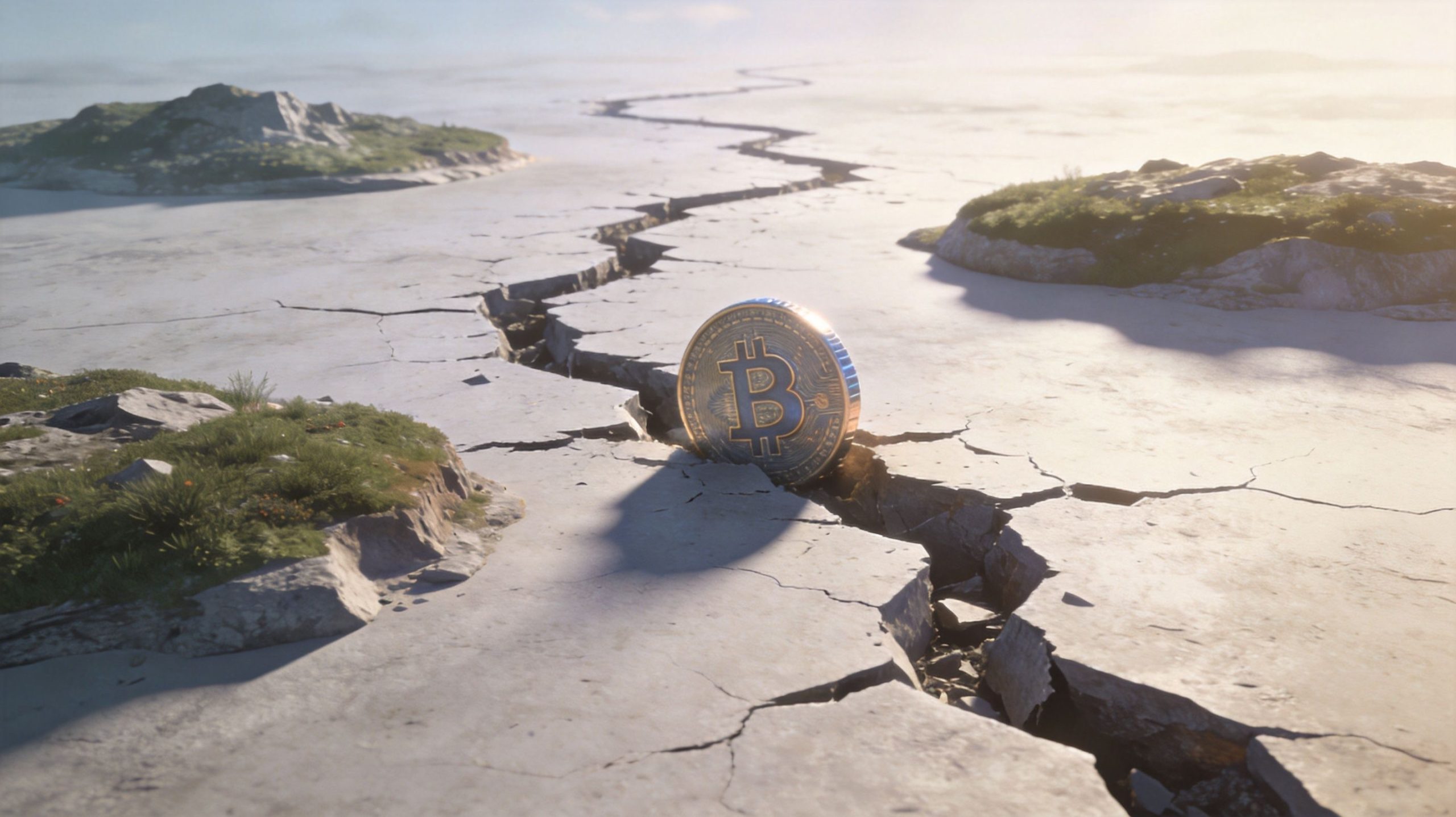 A golden Bitcoin coin stands upright in a large crack splitting a dry, cracked desert landscape.