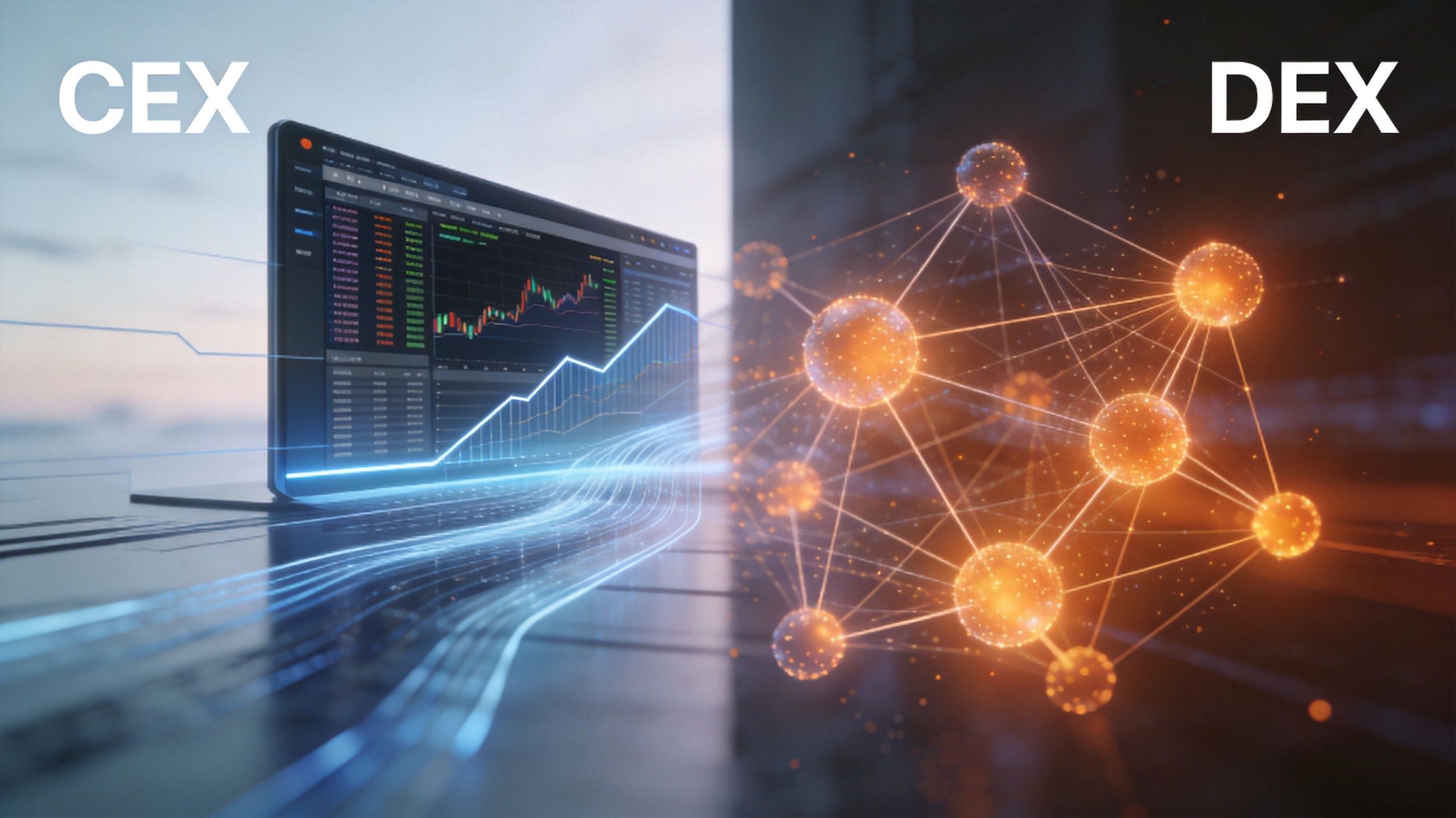 A split visual comparing a centralized cryptocurrency exchange interface with a decentralized blockchain network structure.