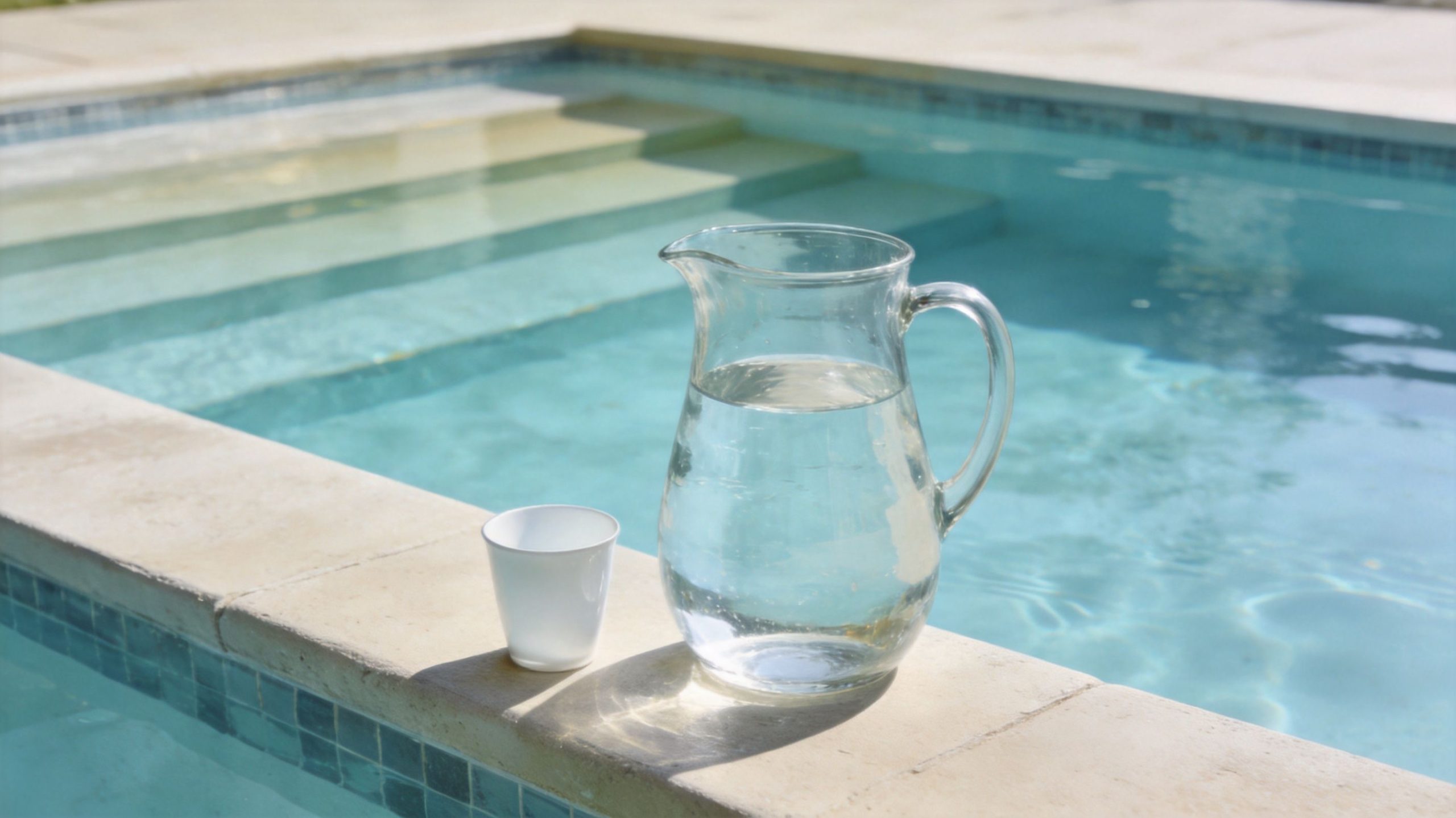 A glass pitcher filled with water and a white cup resting on the edge of a pool.