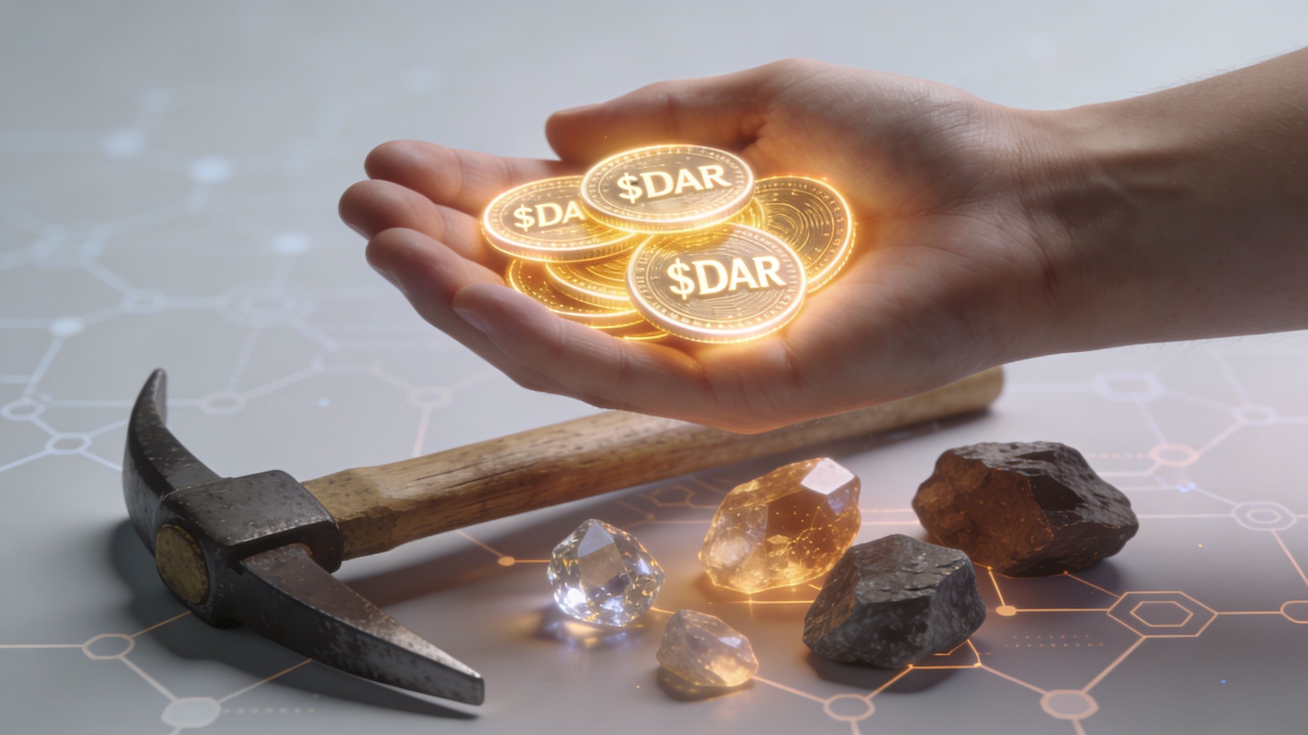 A hand holding glowing gold crypto coins labeled DAR over a miner's pickaxe and crystalline ores.